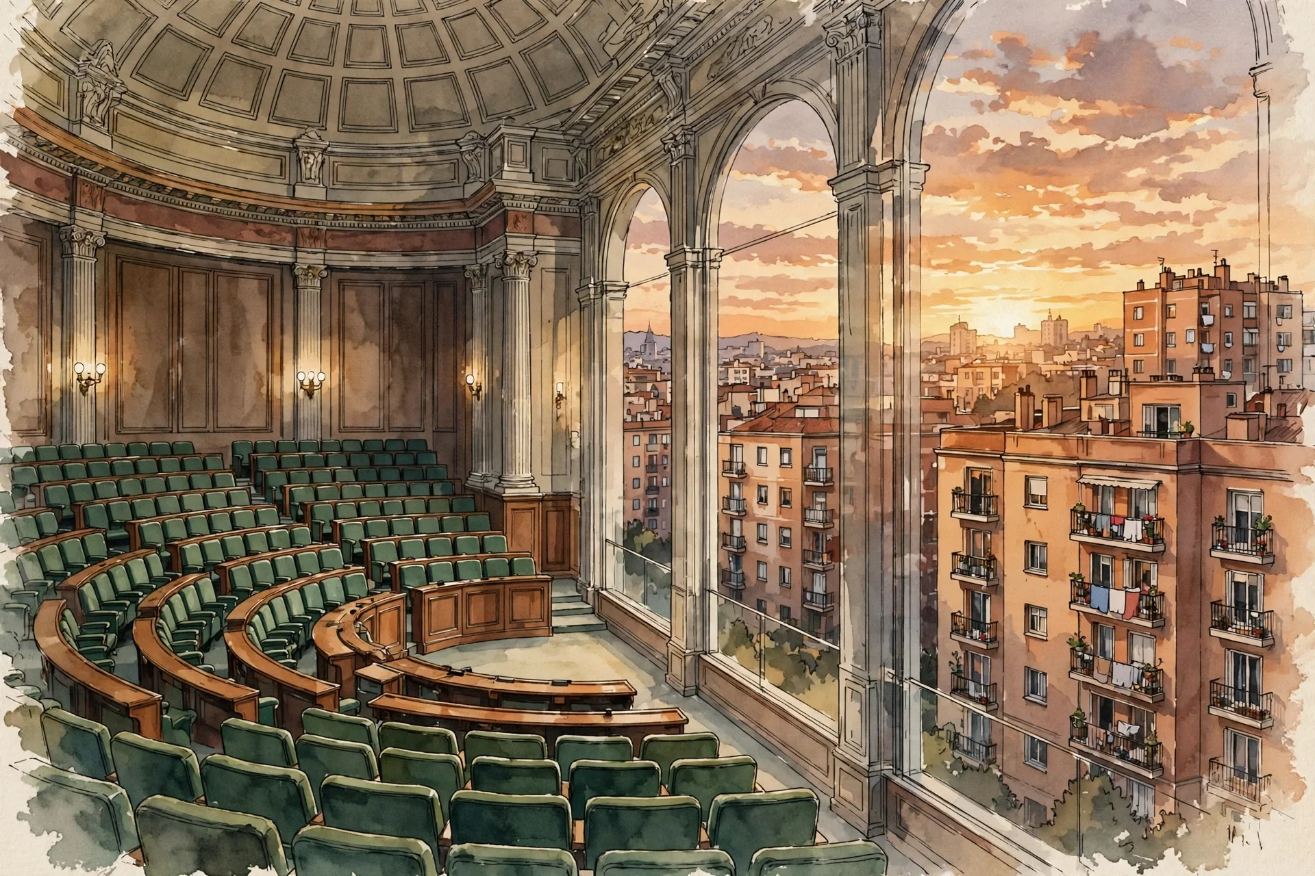 Ilustración editorial de un hemiciclo parlamentario vacío junto a bloques de vivienda de Madrid al atardecer