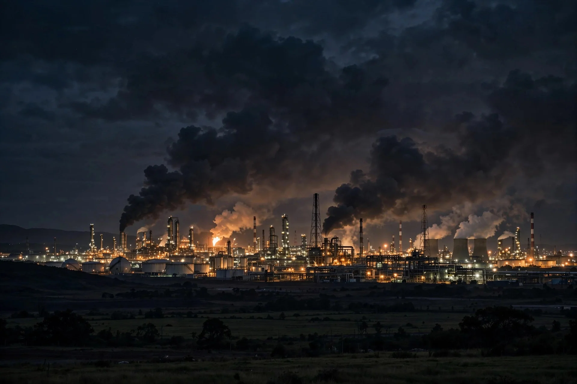 Refinería petrolera iluminada de noche a lo lejos, con humo oscuro elevándose sobre el complejo industrial