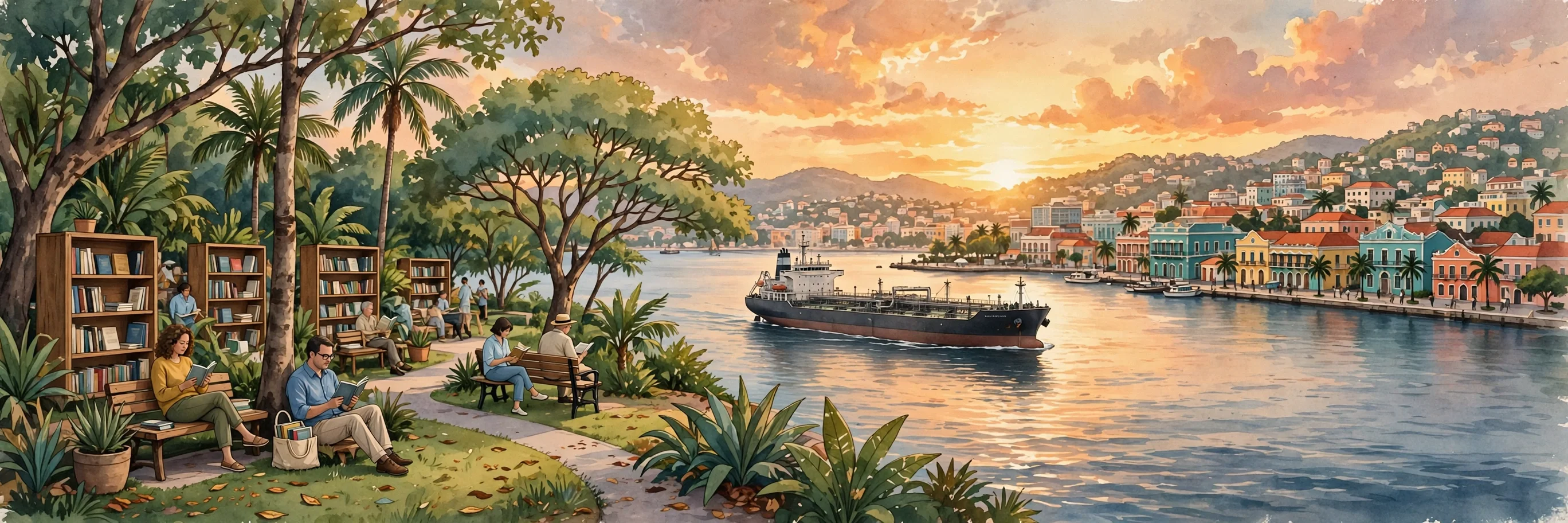 Ilustración de un buque cisterna en un estrecho al atardecer, junto a un parque con biblioteca al aire libre y una ciudad caribeña al fondo