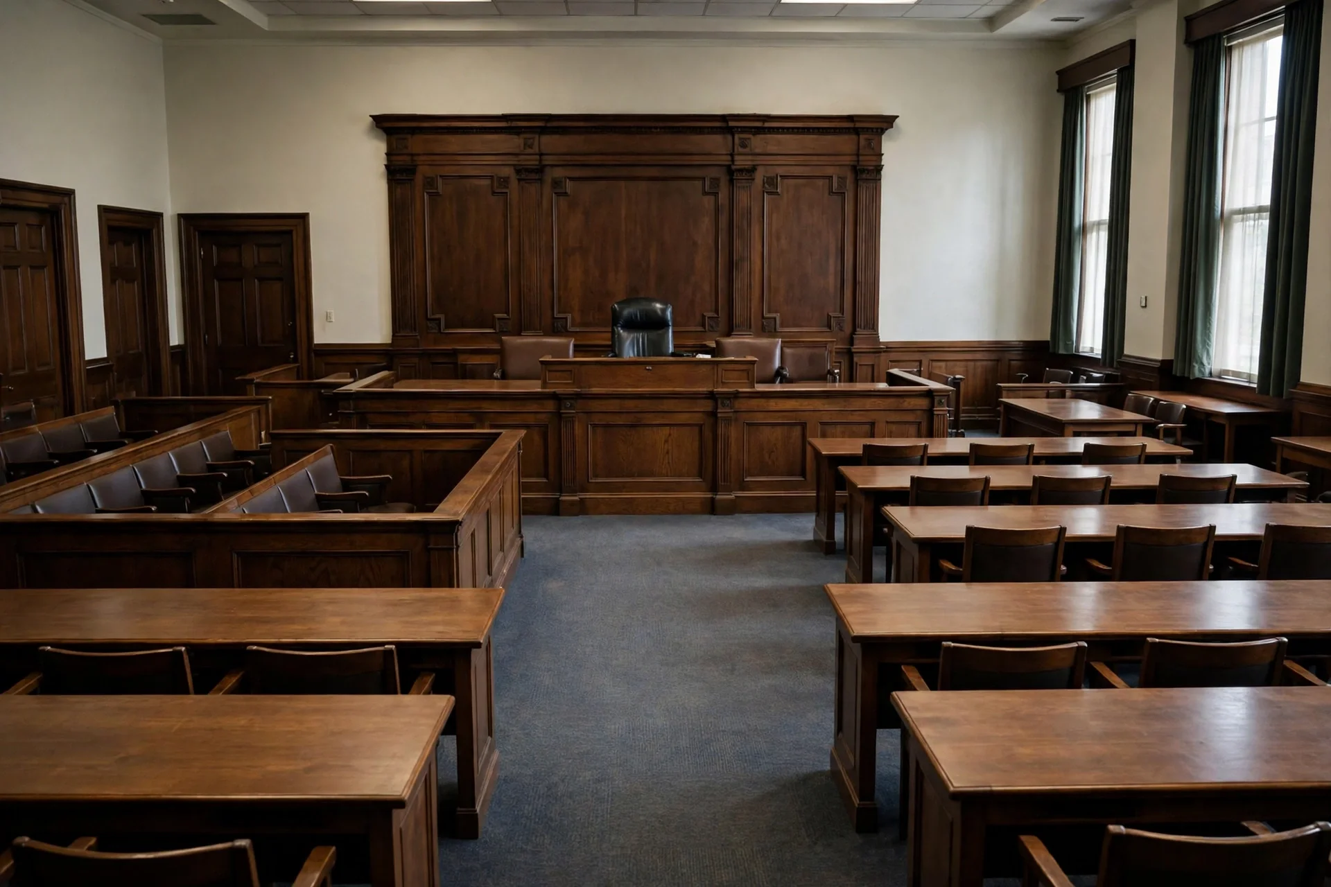 Sala de un tribunal estadounidense vacía, con estrado de madera y ambiente sobrio