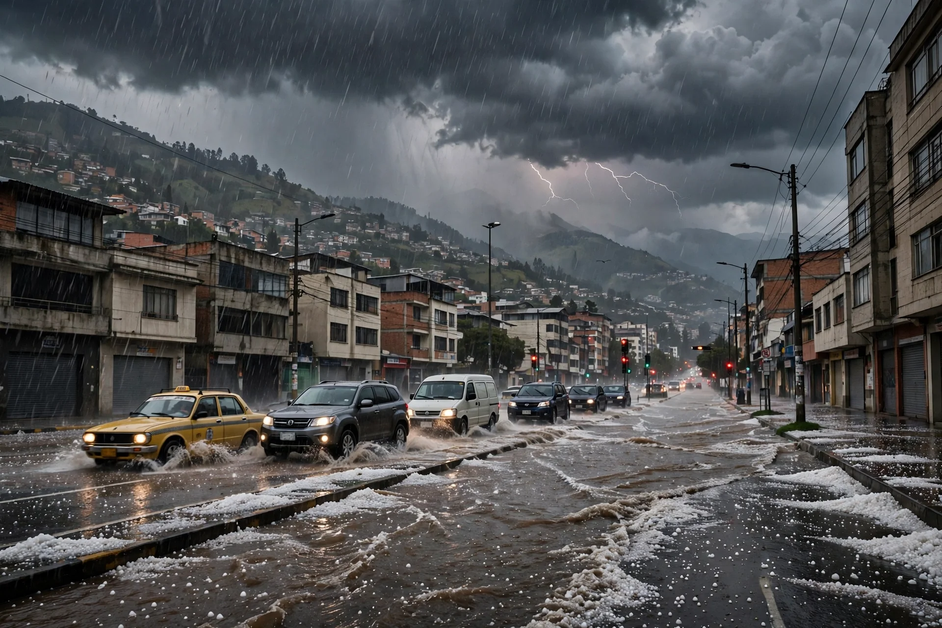 Avenida de Quito bajo una tormenta con granizo, con vehículos detenidos entre agua acumulada sobre la calzada
