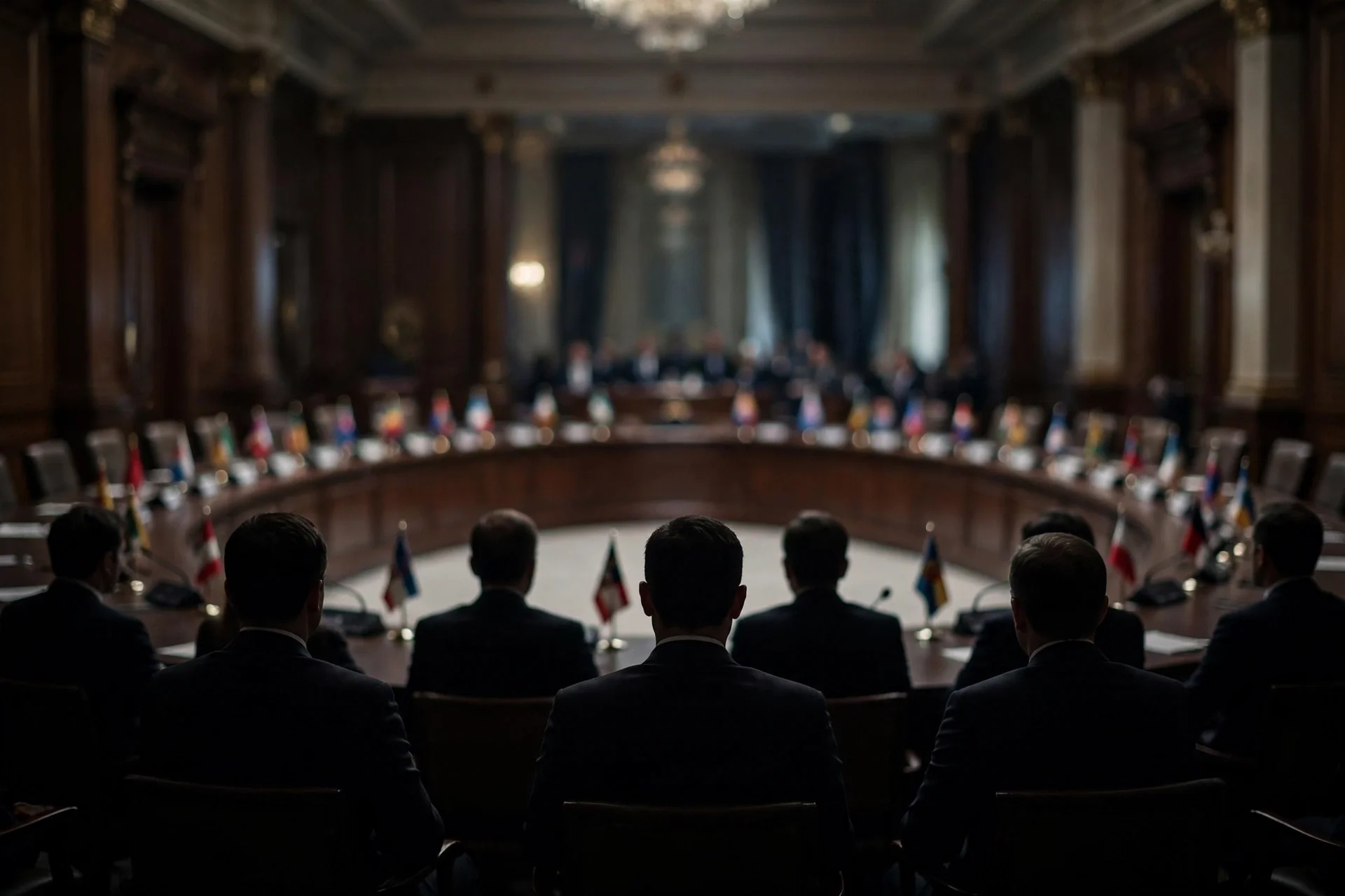 Sala de consejo diplomático con mesa curva y delegados de traje vistos de espaldas, con pequeñas banderas desenfocadas