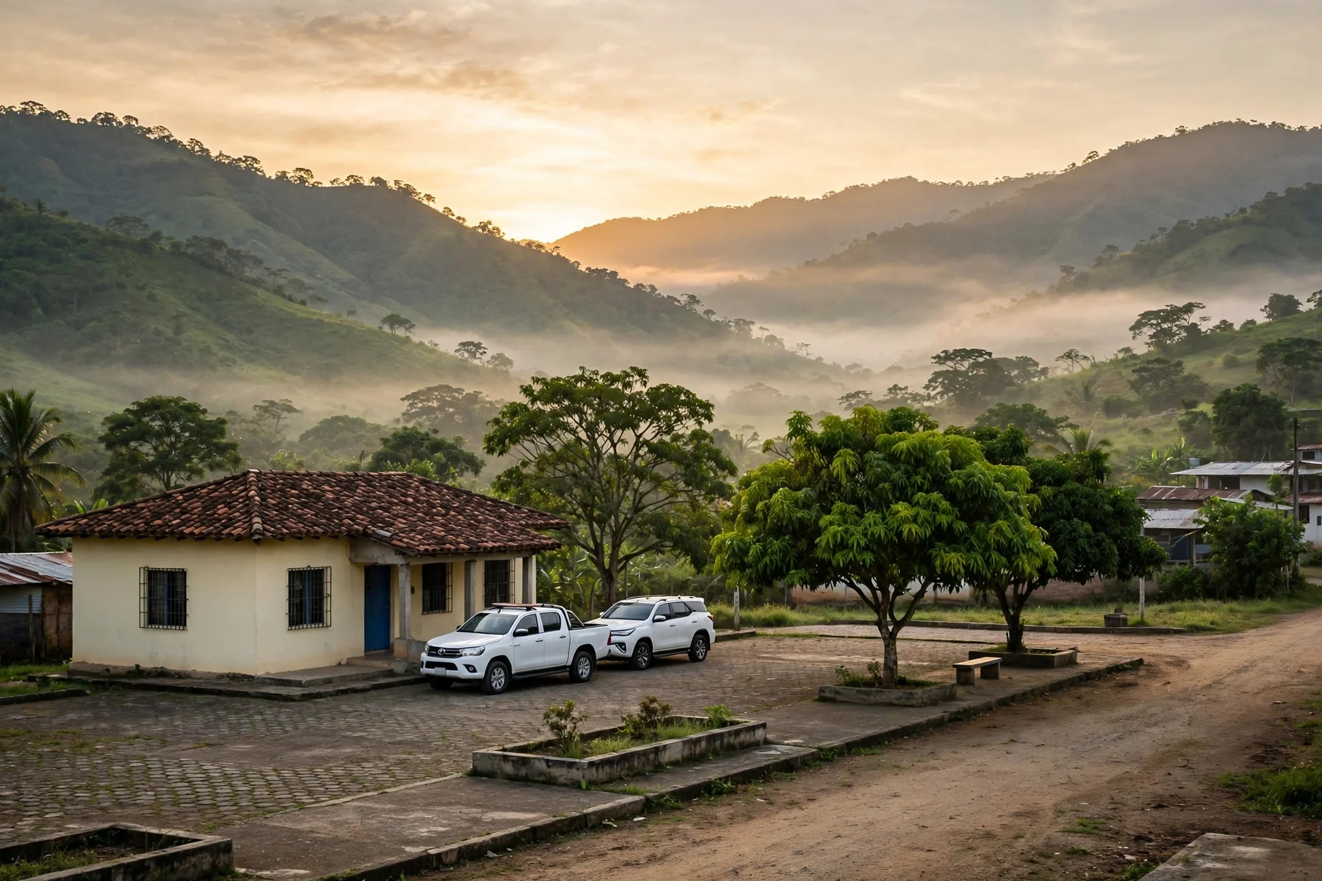 Edificio rural de un piso con tejado de tejas junto a una plaza al amanecer, con dos vehículos blancos estacionados y montañas verdes con niebla al fondo