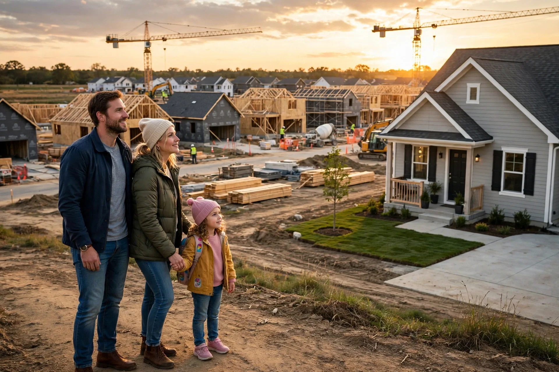 Nuevas viviendas unifamiliares en construcción en un suburbio estadounidense al atardecer
