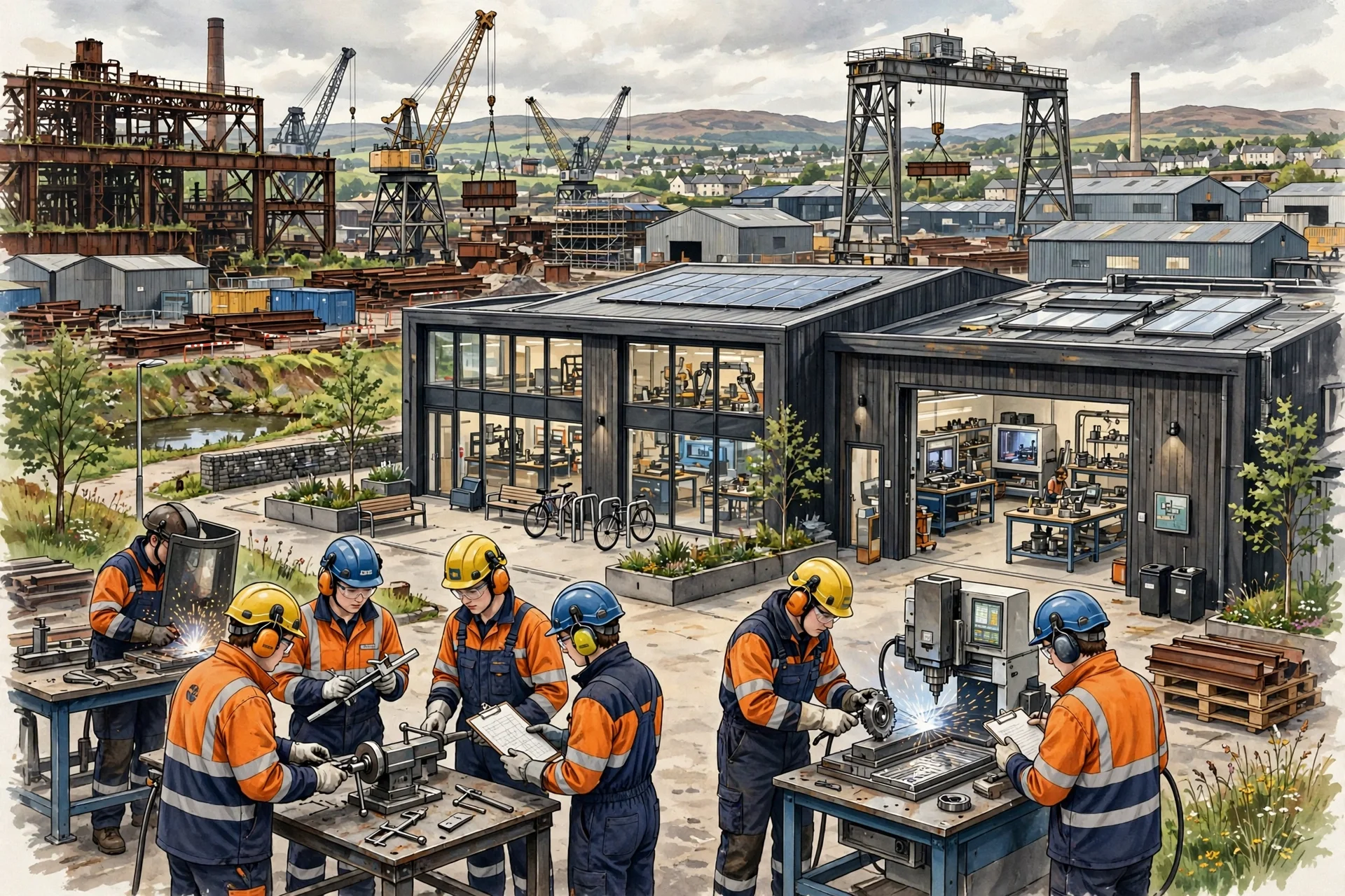 Ilustración de aprendices con cascos trabajando en un colegio técnico frente a instalaciones industriales y grúas en Escocia