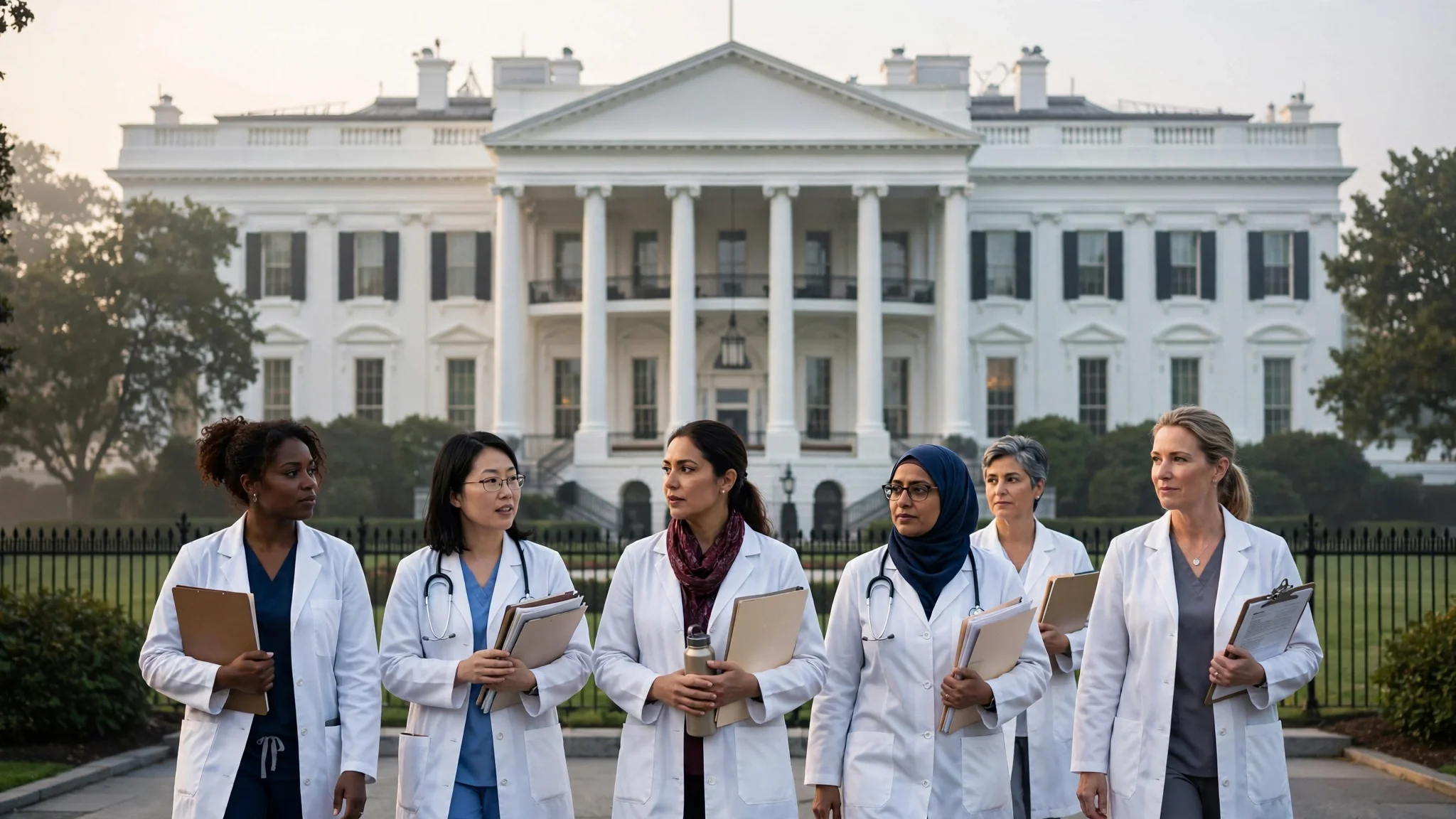 Médicas e investigadoras frente a la Casa Blanca al anunciarse la iniciativa de salud de la mujer