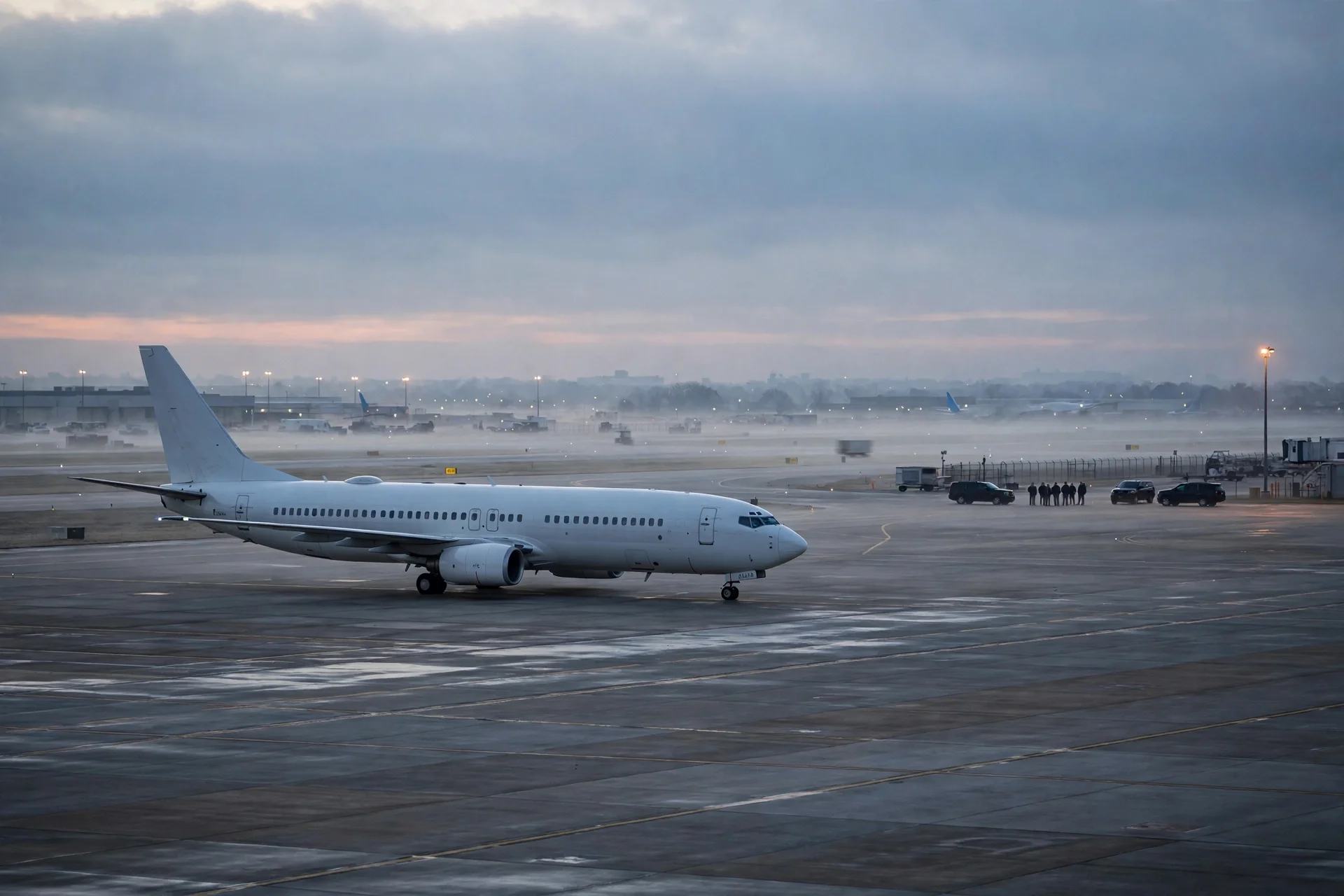 Avión de deportación en una pista de aeropuerto de Estados Unidos al amanecer