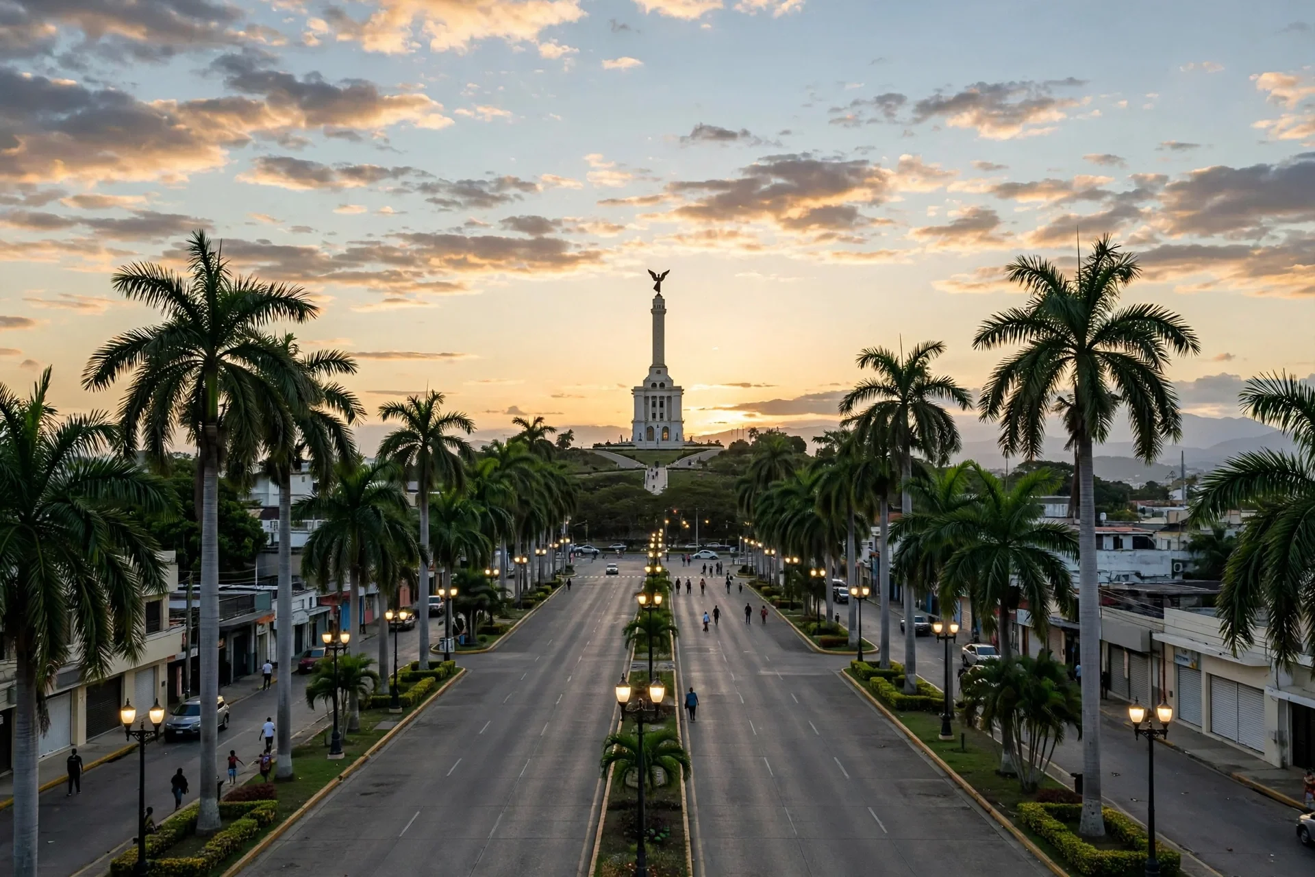 El Monumento a los Héroes de la Restauración de Santiago al atardecer, al final de una avenida flanqueada por palmeras, con ciudadanos a distancia