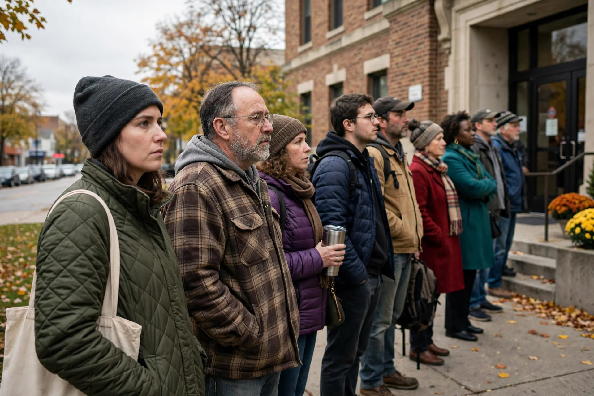 Electores hacen fila en otoño frente a un edificio público para votar de forma anticipada en Minnesota