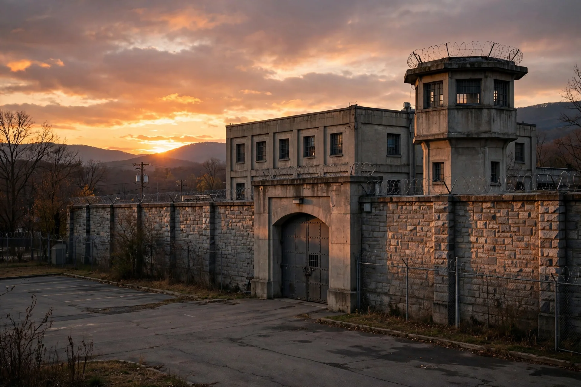 Exterior de una prisión estatal al atardecer, con muro de piedra, torre de vigilancia y cielo anaranjado