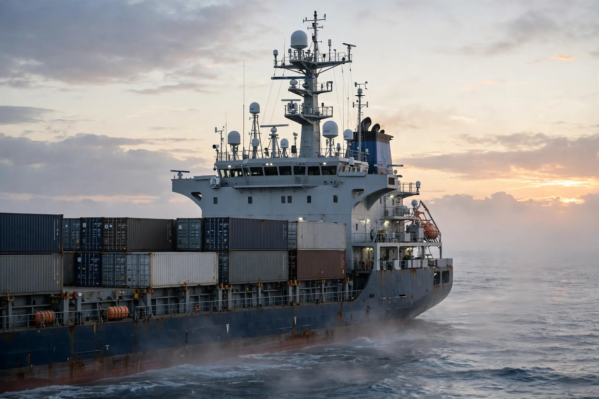Buque mercante con sensores y tecnología de navegación en alta mar al amanecer