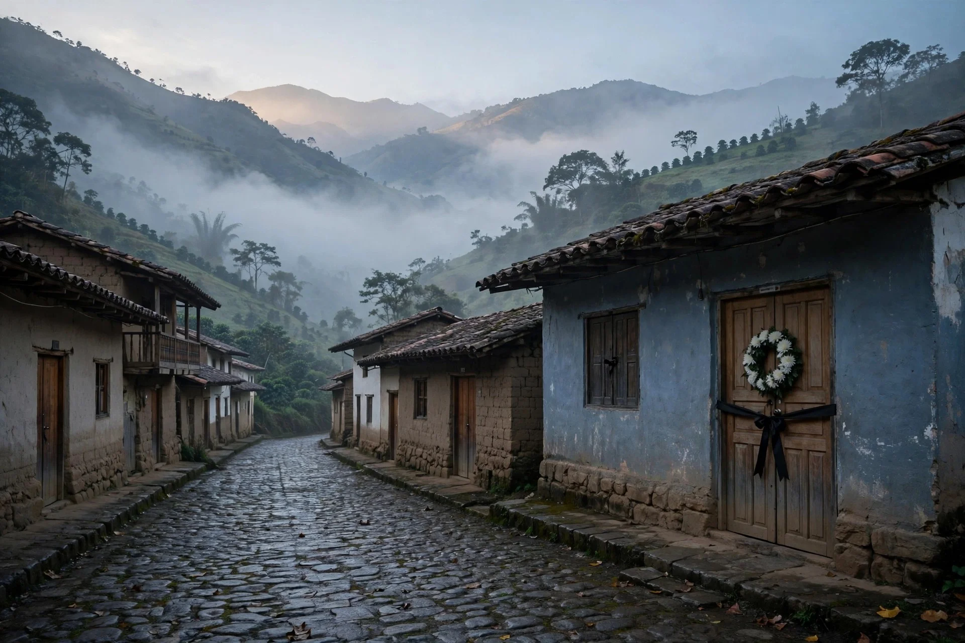 Pueblo andino del sur del Tolima al amanecer, con calles empedradas vacías, casas cerradas y una corona de duelo en una puerta