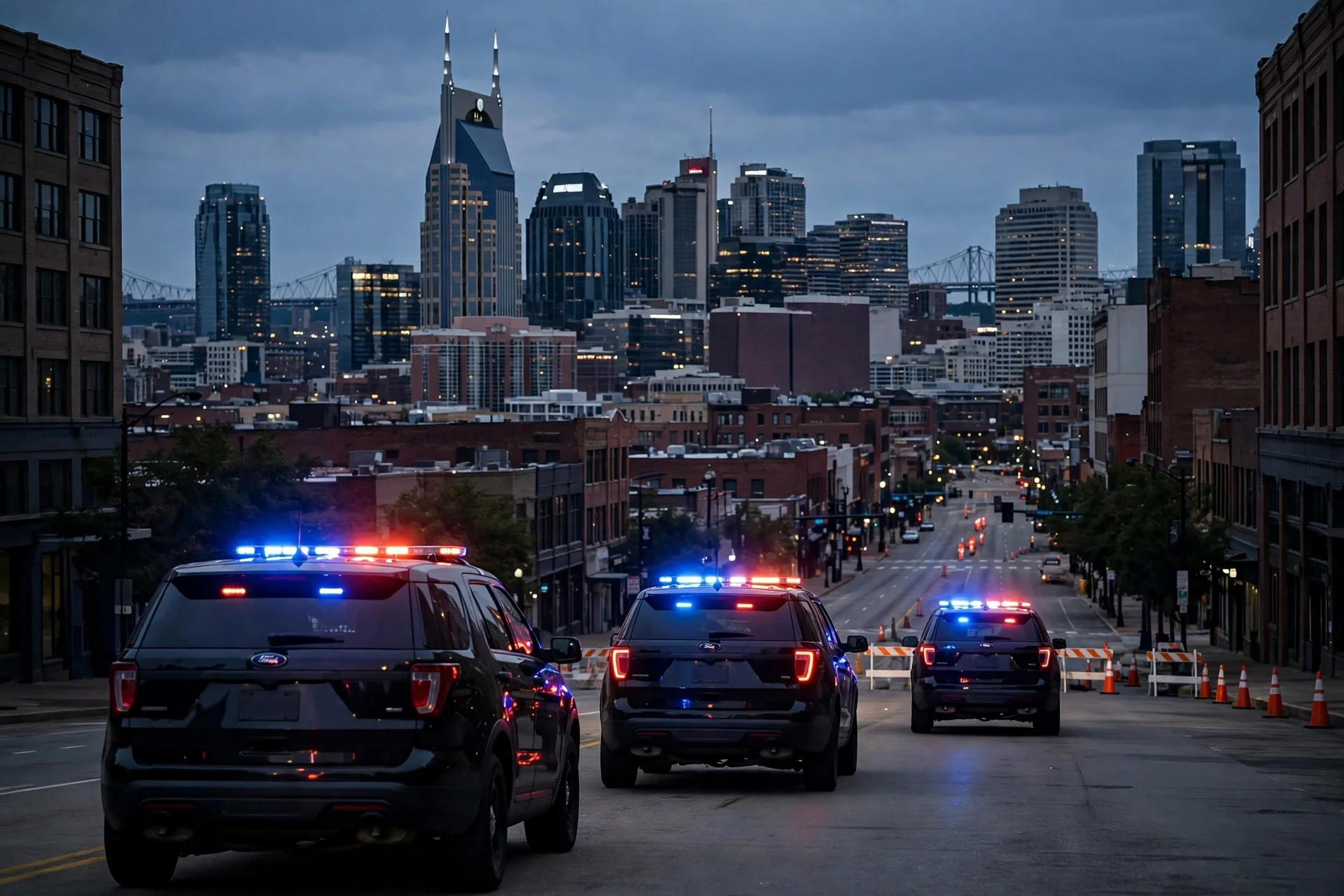 Horizonte de Nashville al anochecer con tres vehículos policiales oscuros vistos desde atrás con luces rojas y azules en una calle