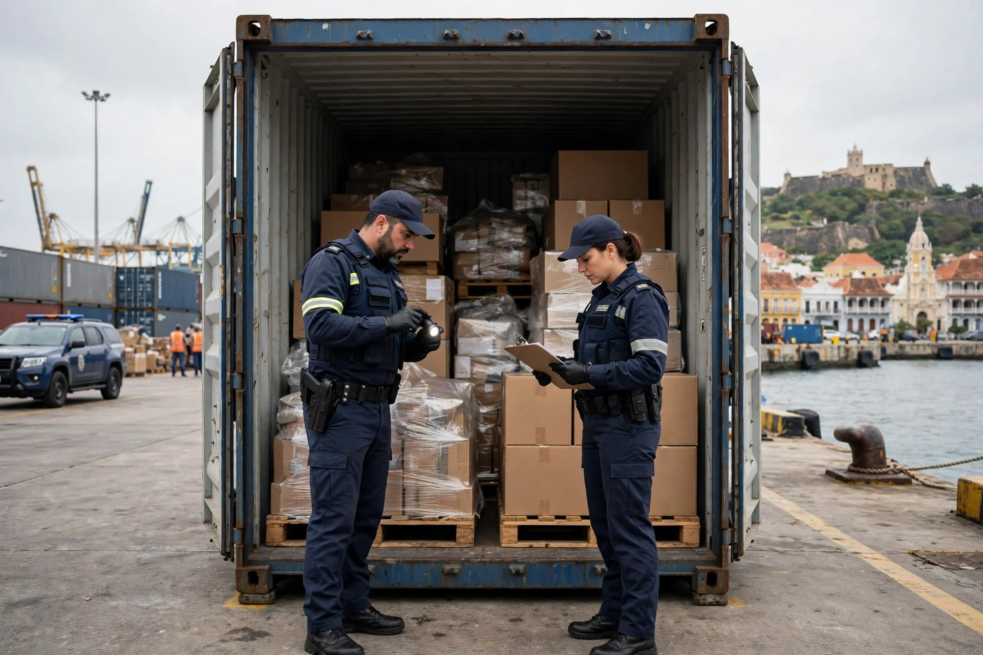 Agentes de policía inspeccionan cajas dentro de un contenedor abierto en el puerto de Cartagena