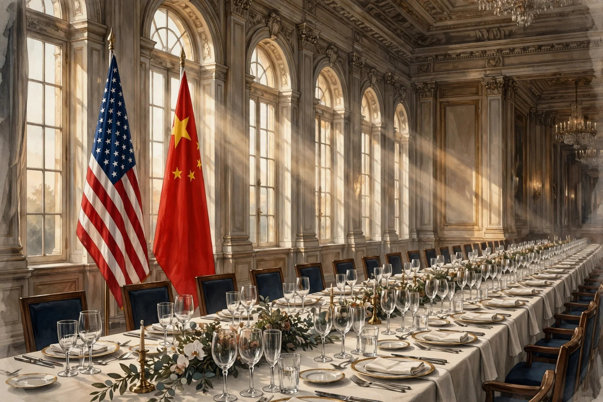 Ilustración editorial: banderas de Estados Unidos y China junto a un elegante salón de banquete de Estado bañado en luz cálida