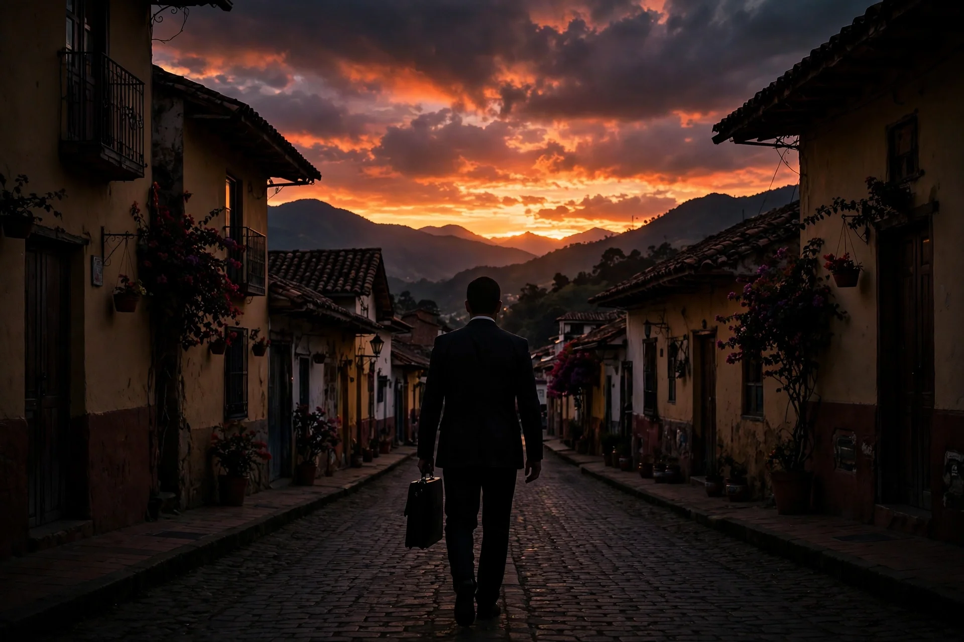 Silueta de un abogado con maletín caminando al atardecer por una calle empedrada de un pueblo, con montañas al fondo