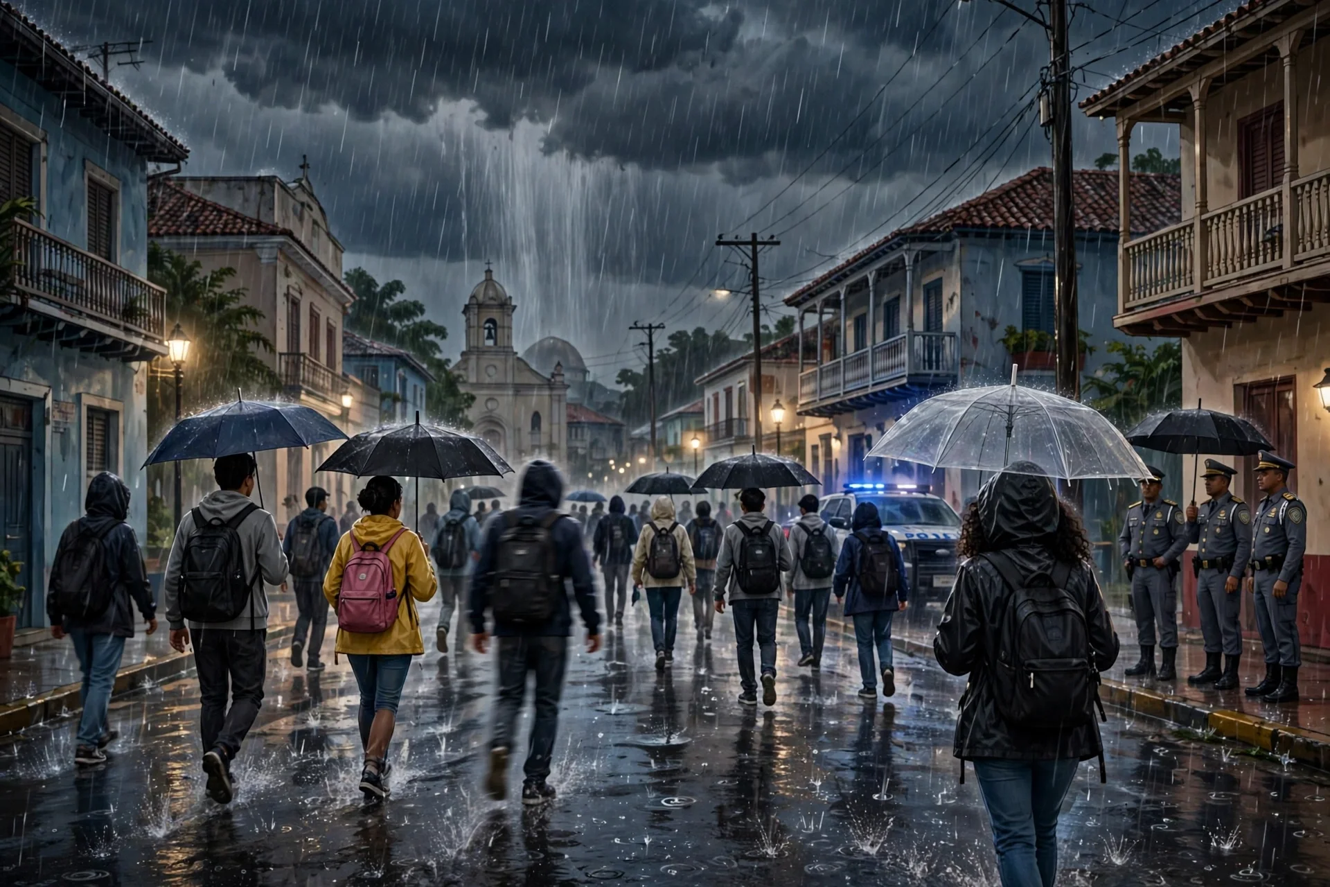 Jóvenes dispersándose de una calle anegada por la lluvia en un municipio dominicano de noche