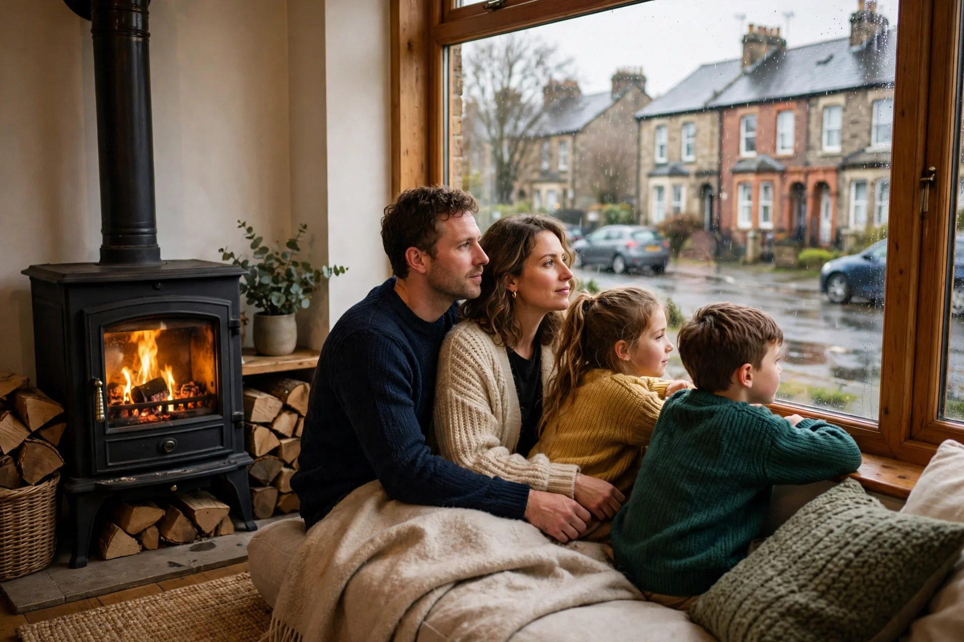 Familia junto a una estufa encendida mirando por la ventana una calle residencial lluviosa