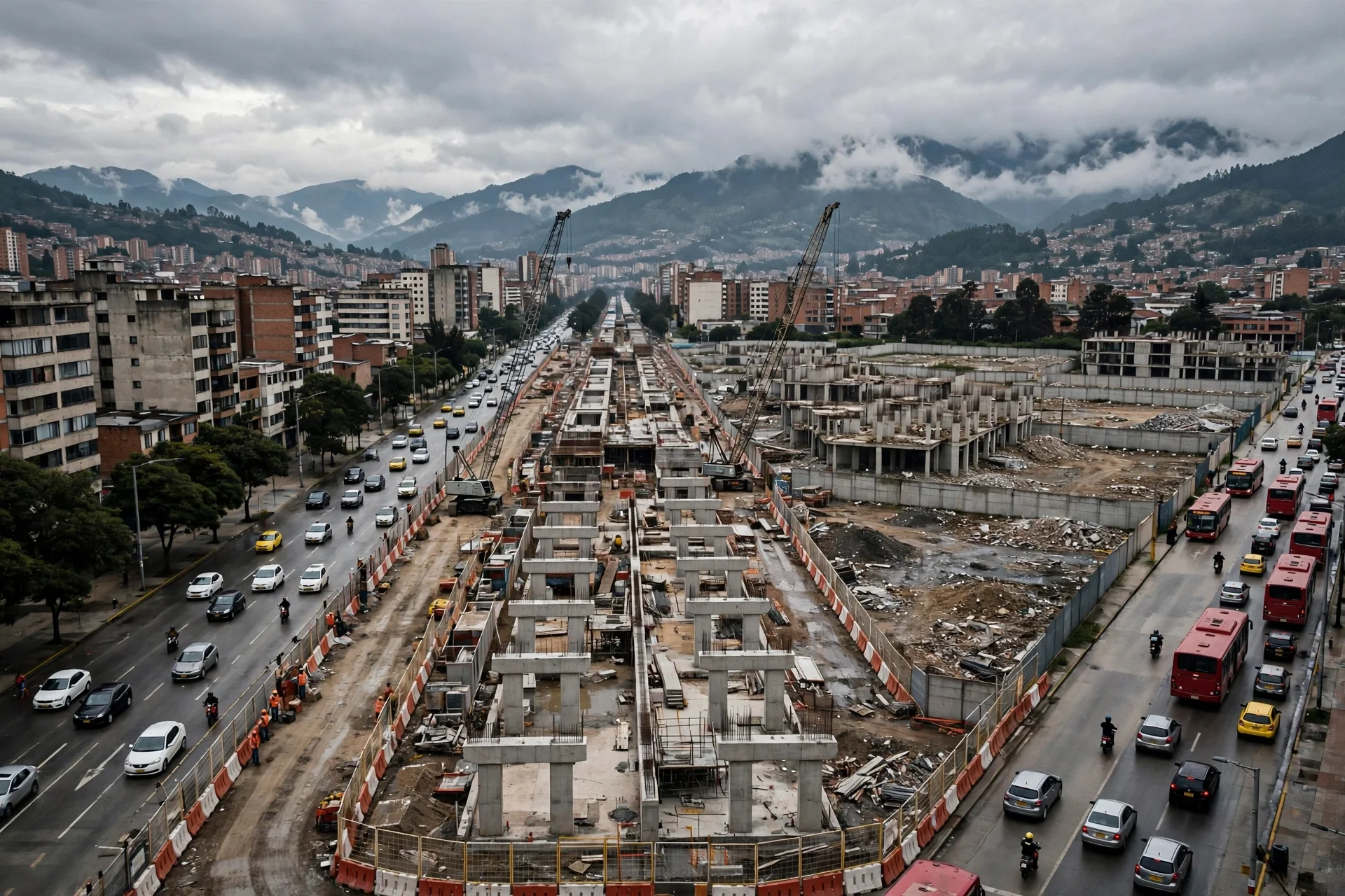 Corredor vial en construcción en Bogotá con grúas, pilas de concreto y buses rojos a ambos lados