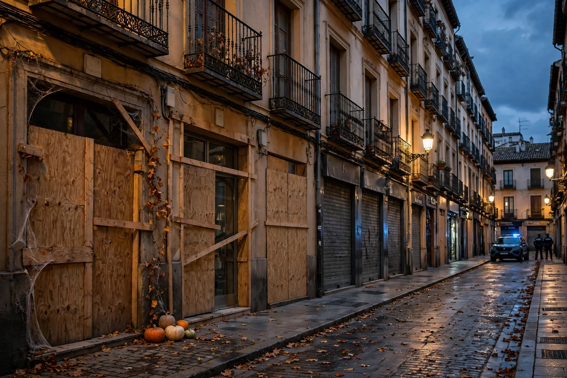 Escaparates tapiados con madera en una calle comercial española y presencia policial