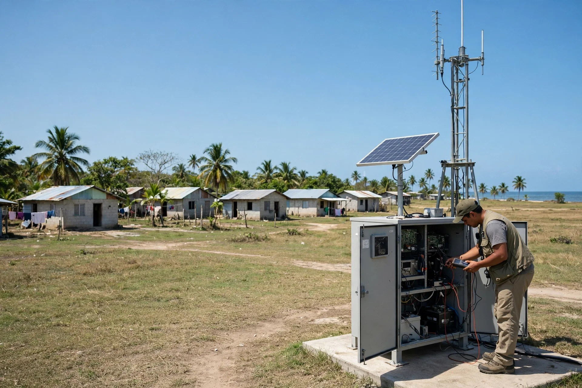 Estación de monitoreo sísmico con panel solar y antena junto a un pueblo costero panameño de casas bajas y palmeras