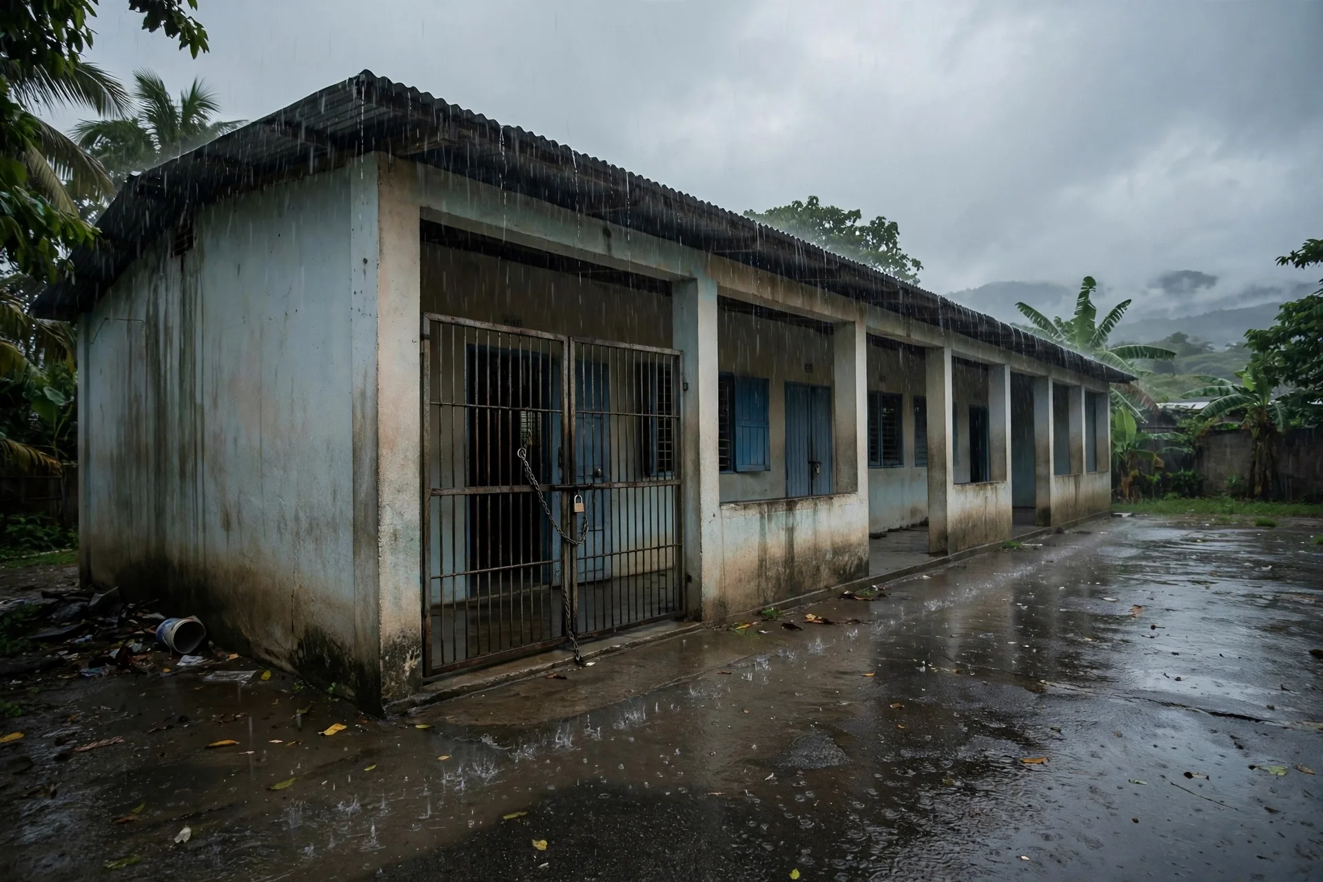 Escuela dominicana cerrada bajo lluvia intensa, en una calle mojada y sin personas visibles