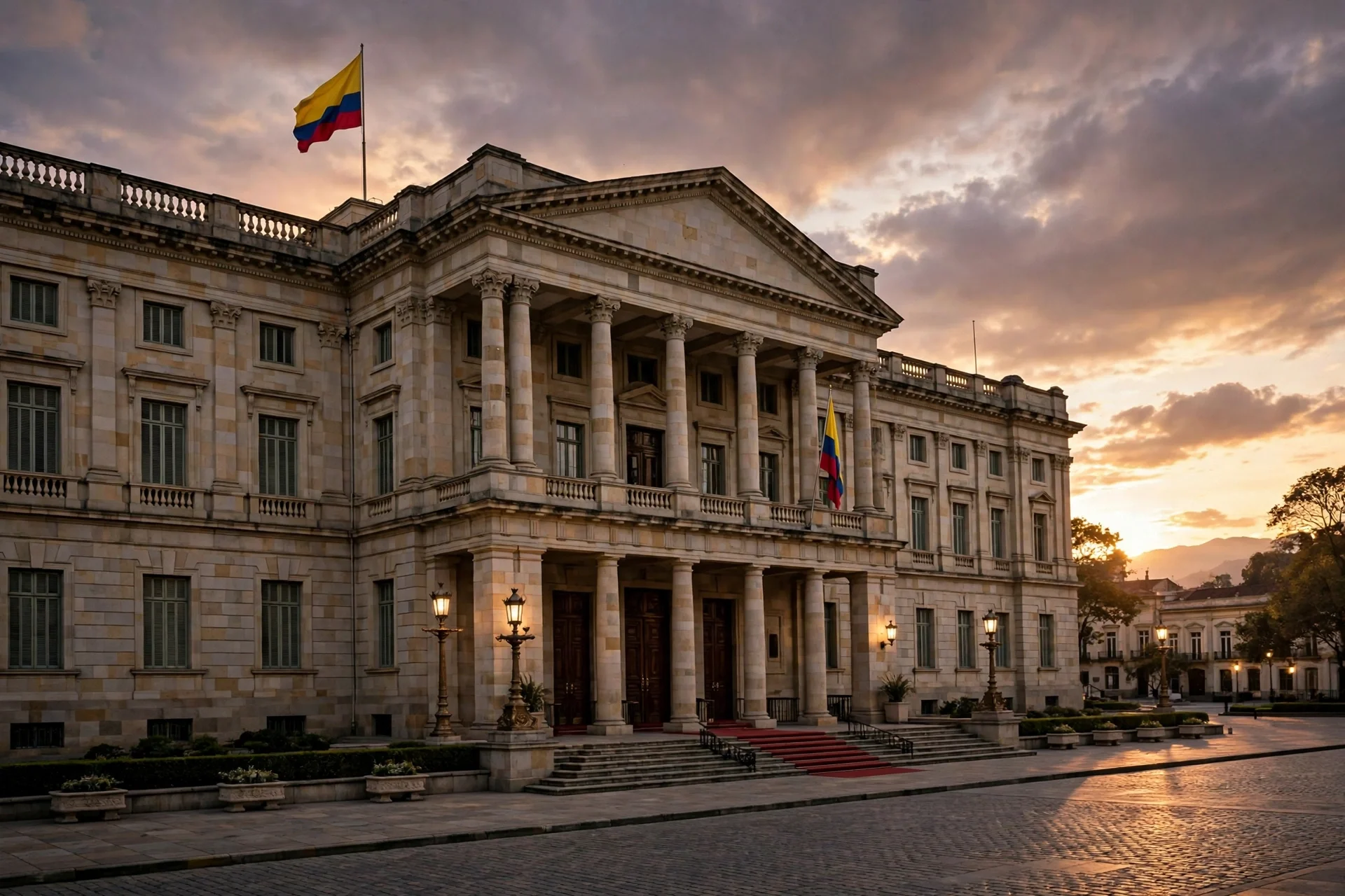 Fachada de piedra de un palacio de gobierno colombiano con banderas nacionales al atardecer