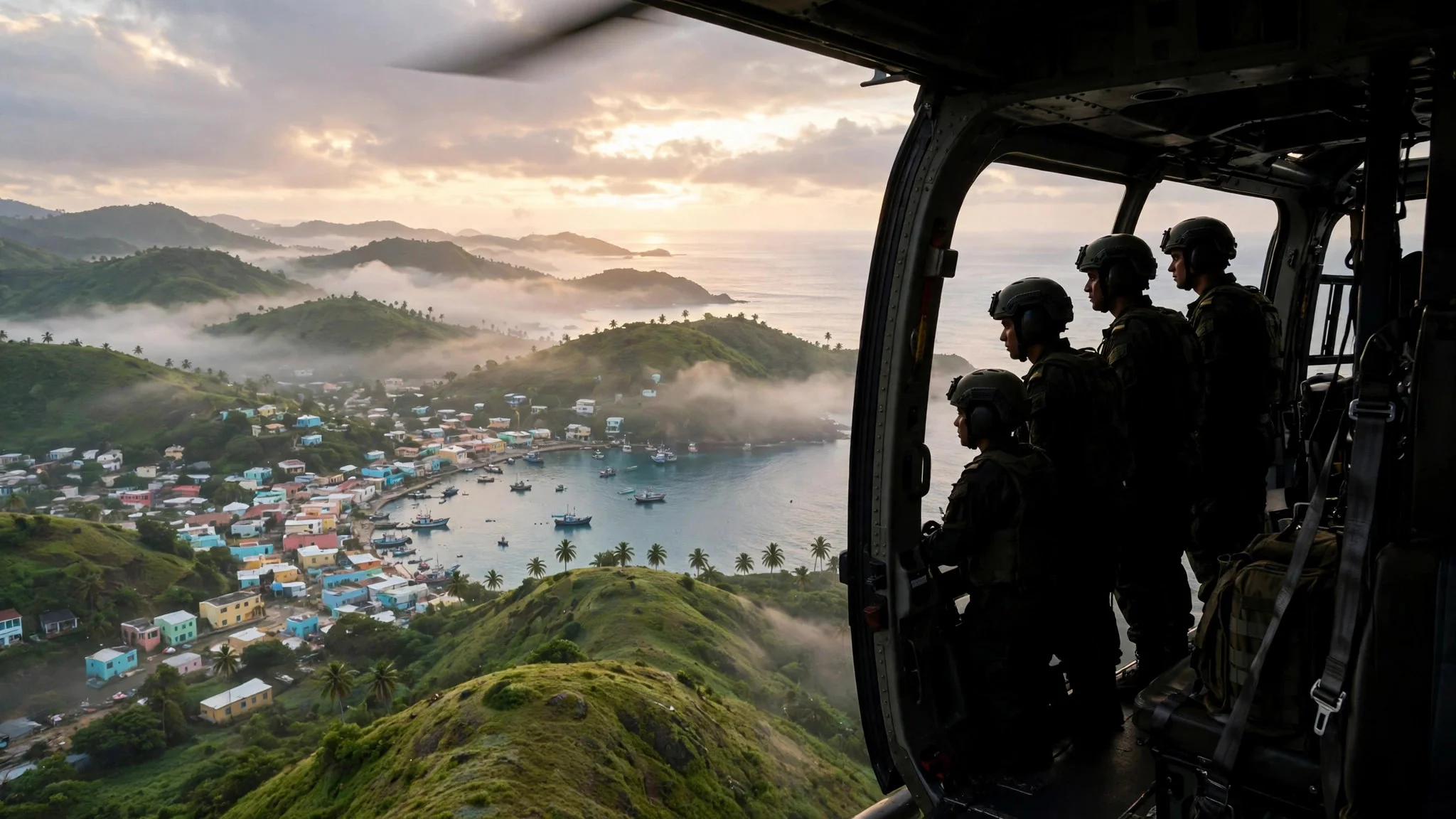 Personal uniformado observa desde la puerta abierta de un helicóptero una bahía y colinas costeras al amanecer
