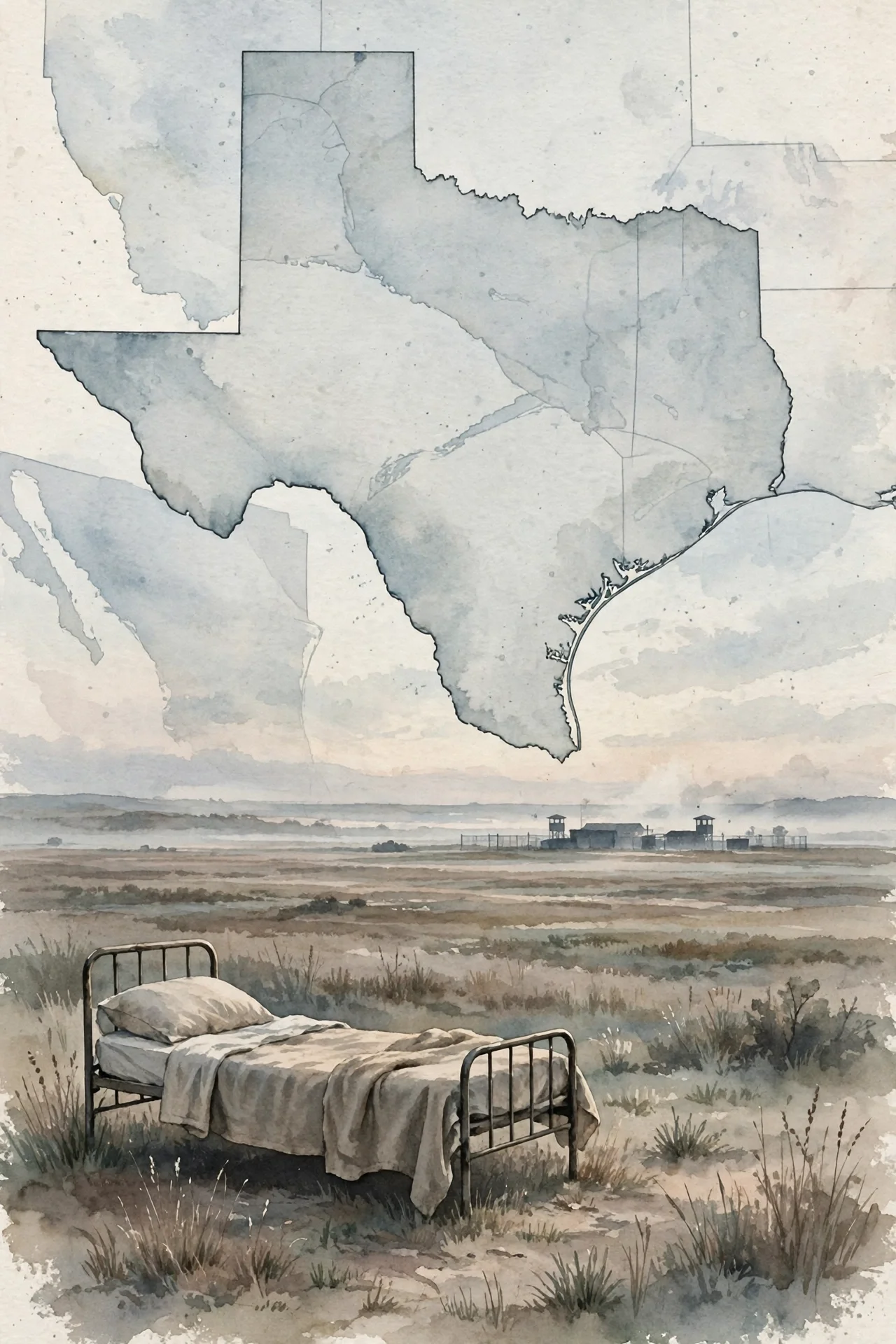 Ilustración editorial en acuarela del mapa de Texas sobre una llanura, con una cama vacía en primer plano y un centro de detención lejano
