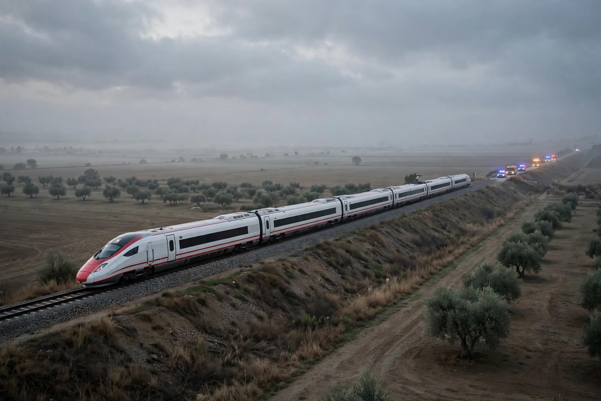 Tren de alta velocidad sobre un terraplén en la llanura toledana con vehículos de emergencia a lo lejos