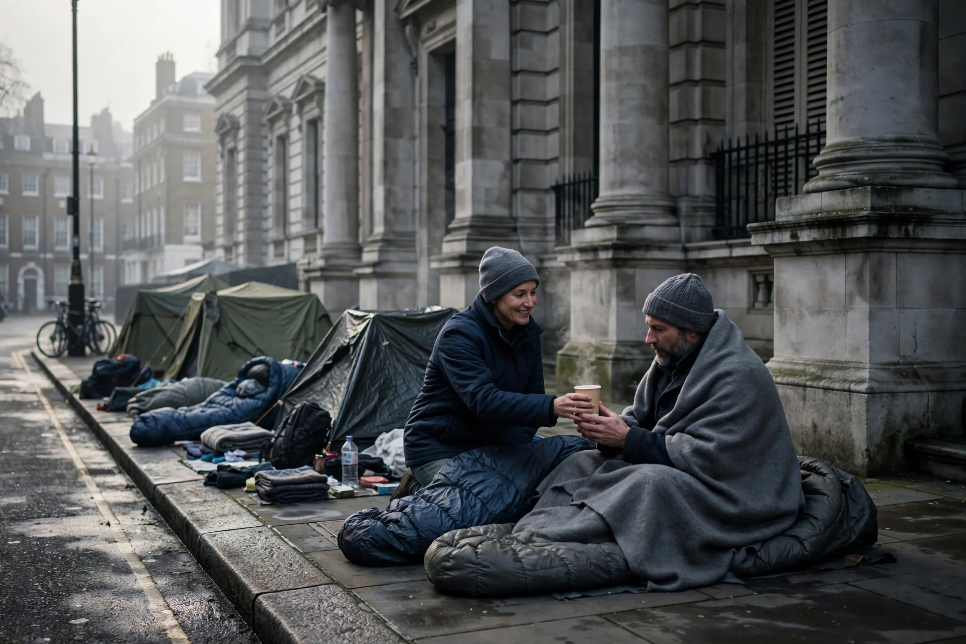 Calle de Londres al amanecer con sacos de dormir junto a un edificio de piedra y un voluntario ofreciendo una bebida caliente