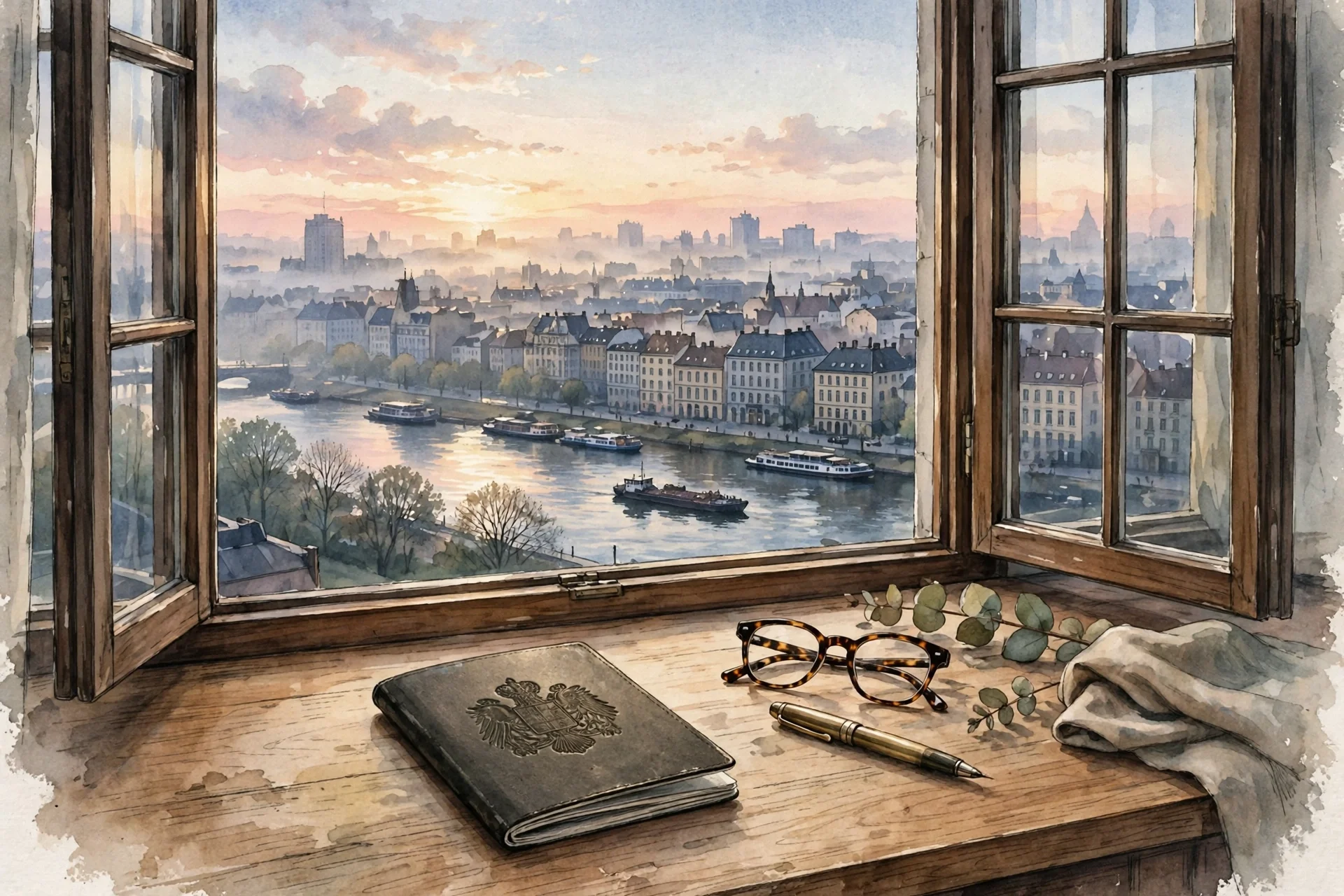 Ilustración de un pasaporte sobre un escritorio junto a una ventana con un río urbano y una ciudad al fondo, al amanecer