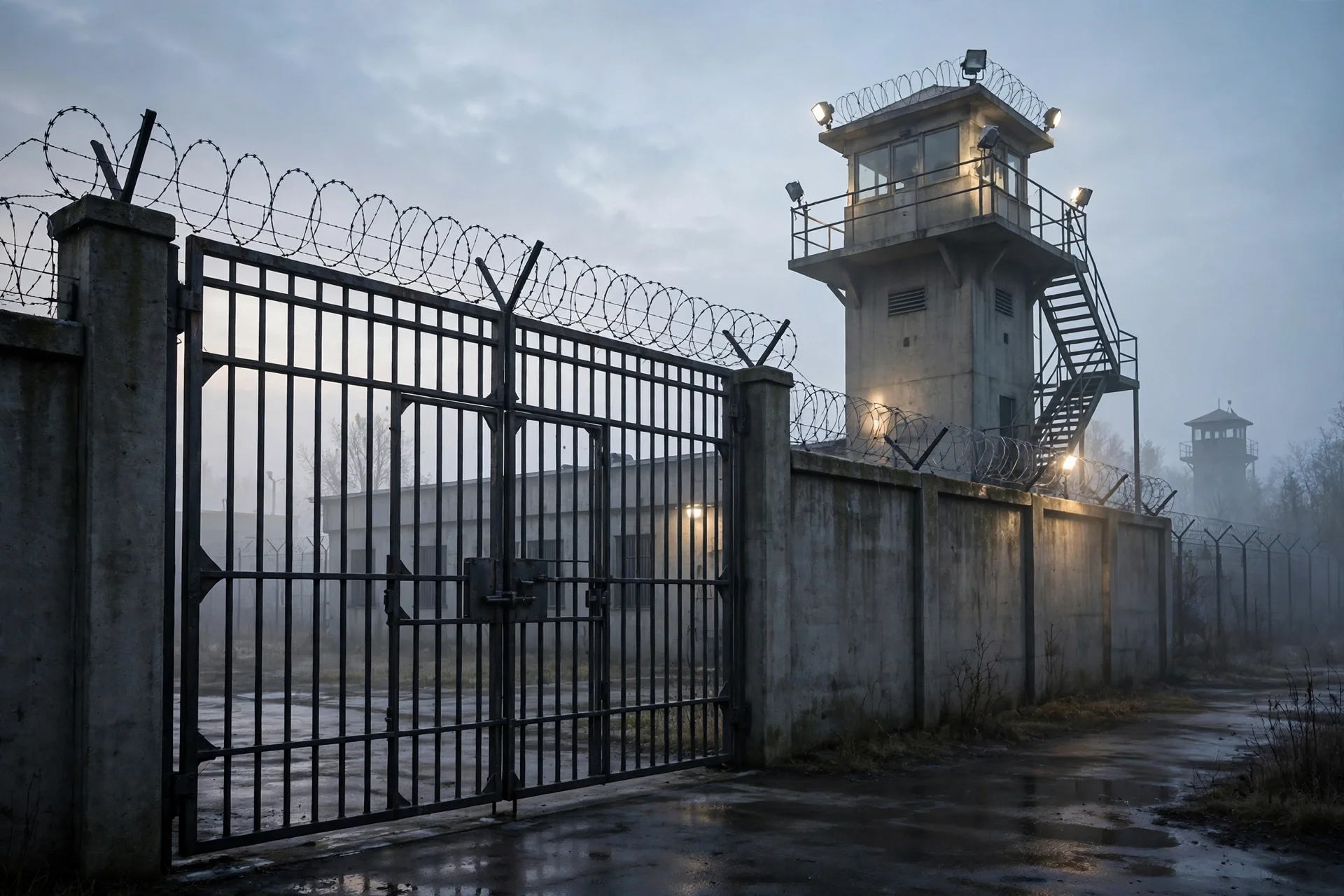 Reja de una cárcel de máxima seguridad con torre de vigilancia y alambre de púas al amanecer
