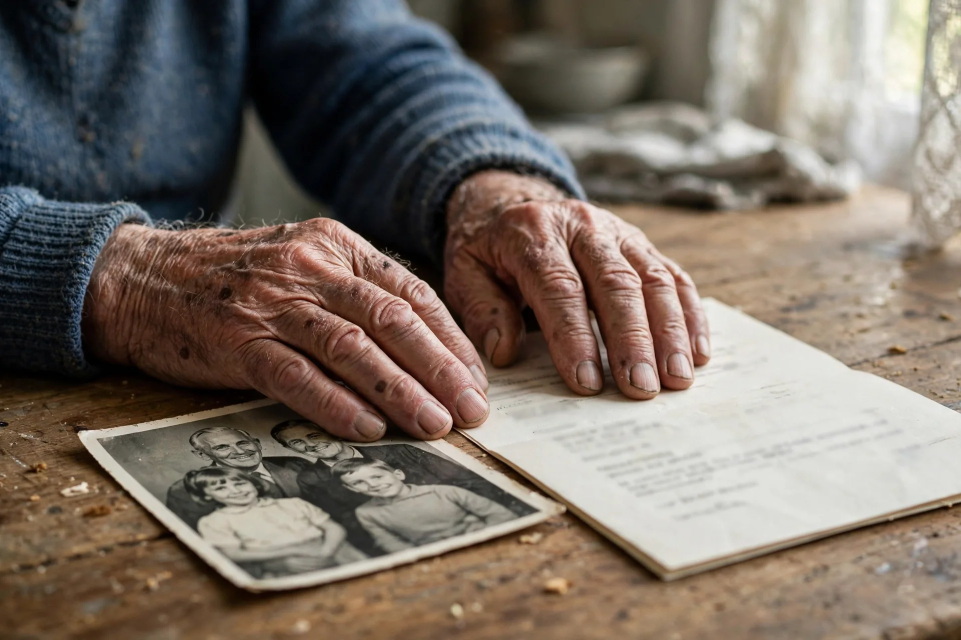 Manos ancianas de un antiguo trabajador industrial sobre una fotografía familiar antigua y una carta oficial, en una mesa de madera