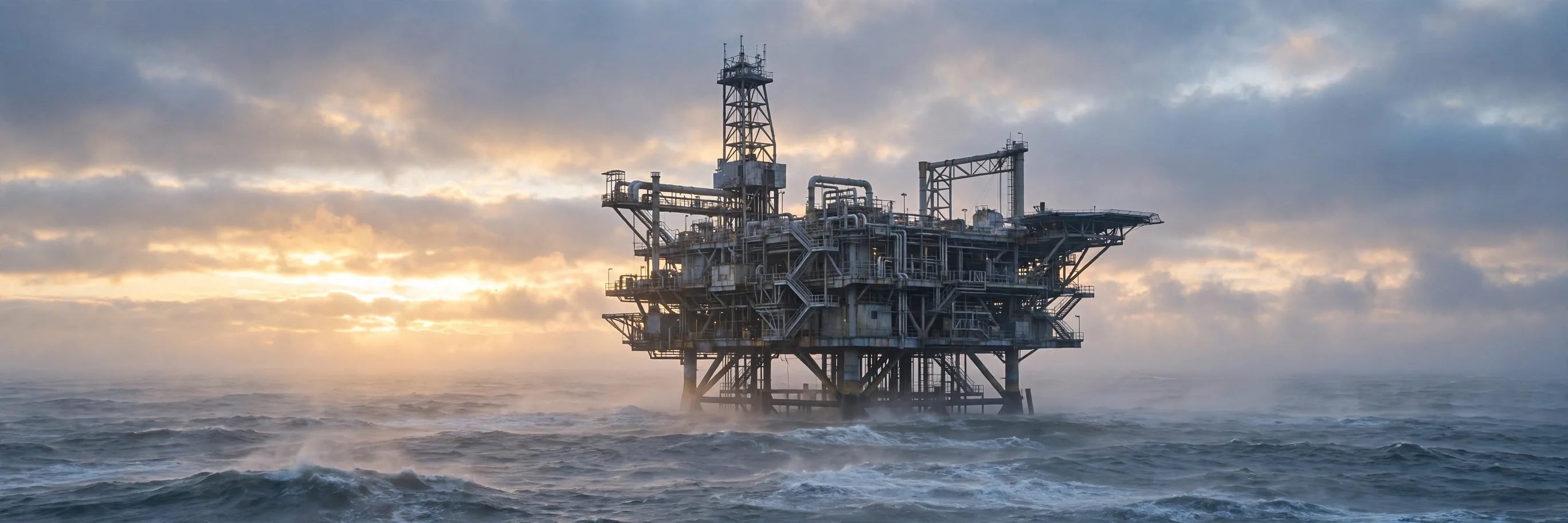 Plataforma de gas en alta mar en el mar del Norte al amanecer, entre olas y cielo nublado