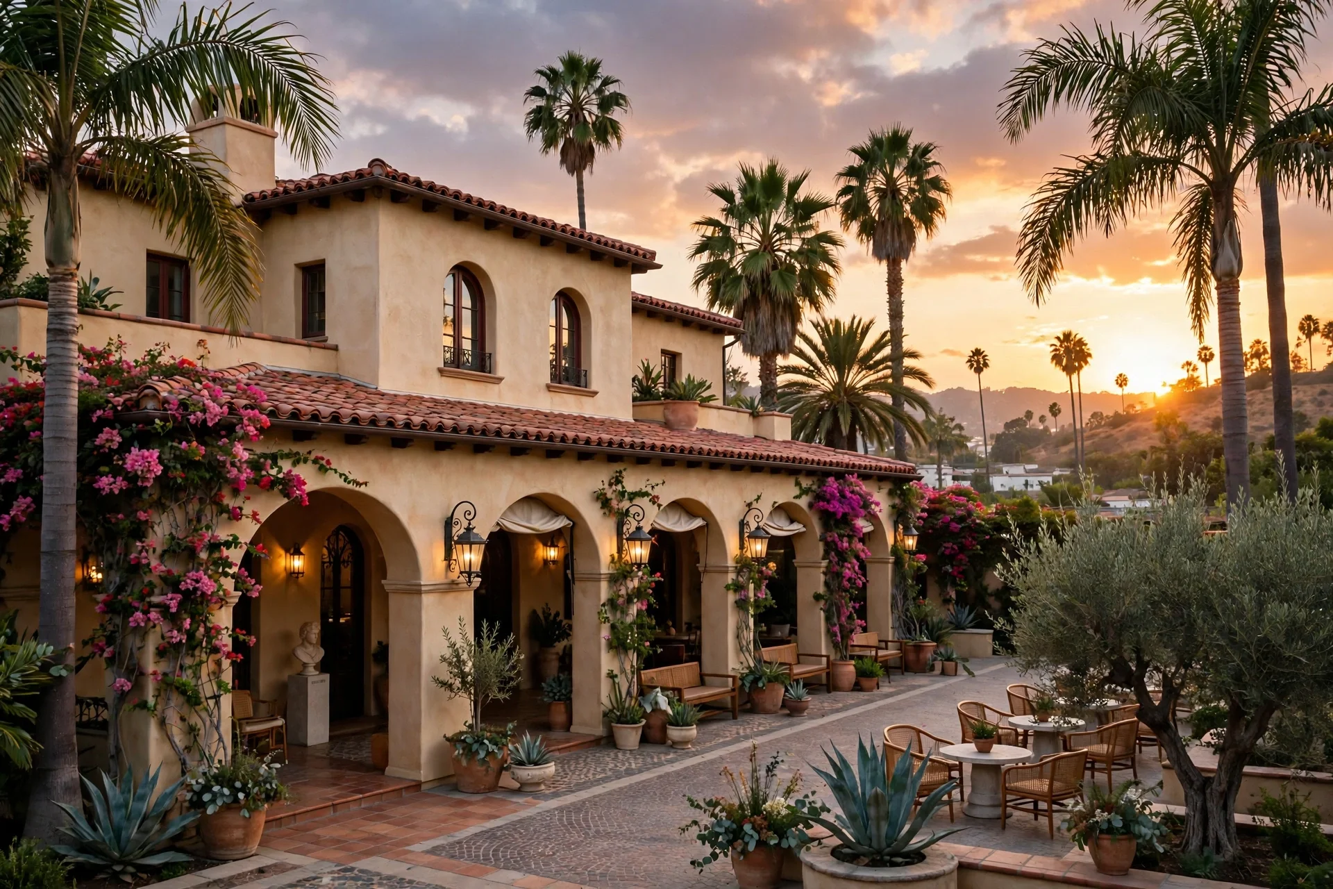 Villa mediterránea entre palmeras en Los Ángeles al atardecer, con terraza iluminada en ambiente de reapertura cultural