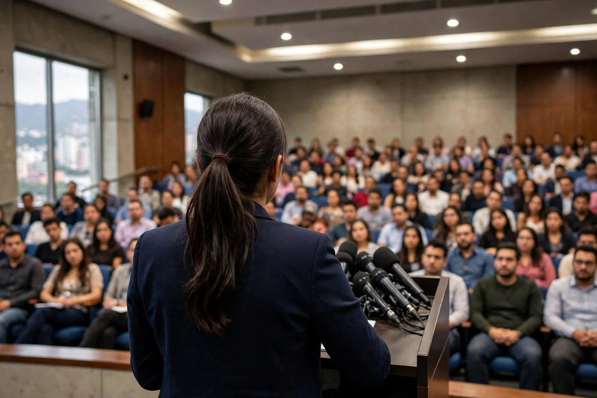Mujer de espaldas frente a micrófonos en un auditorio universitario lleno de público en Caracas