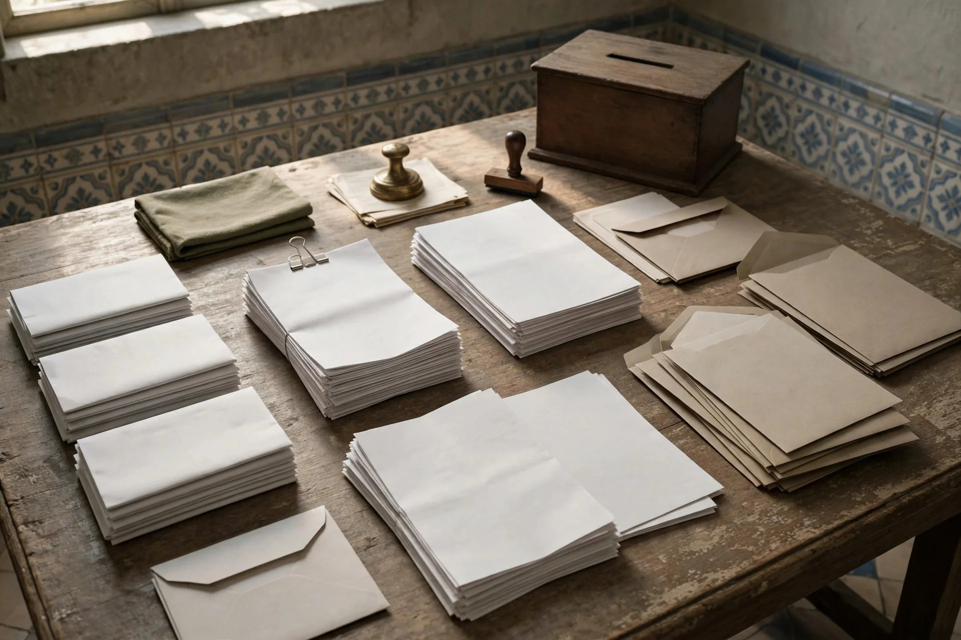 Papeletas y sobres electorales en blanco sobre una mesa de madera junto a una urna, en un ambiente institucional sobrio