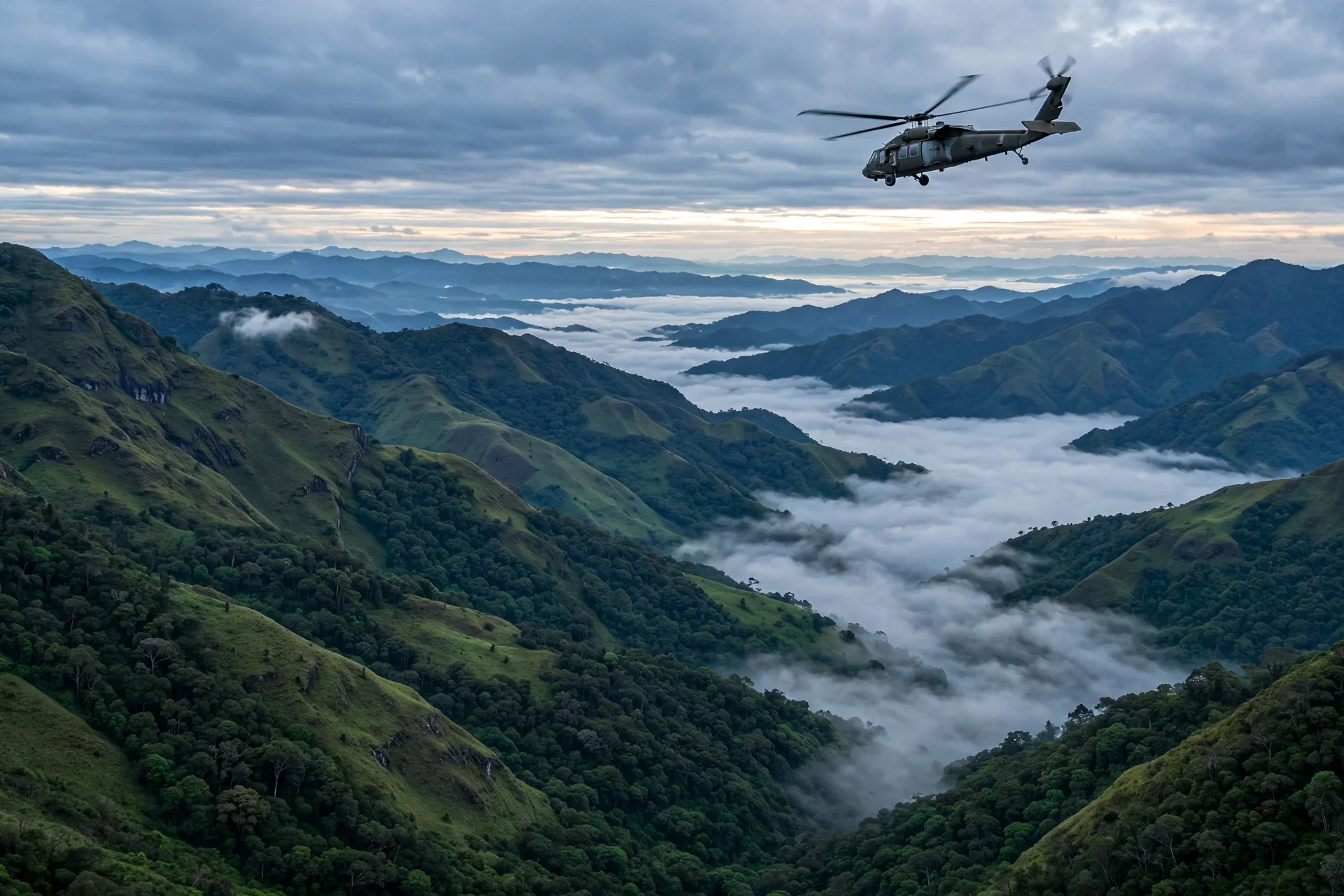 Helicóptero militar sobrevuela al amanecer las montañas verdes y los valles con niebla de Nariño, en el suroccidente colombiano