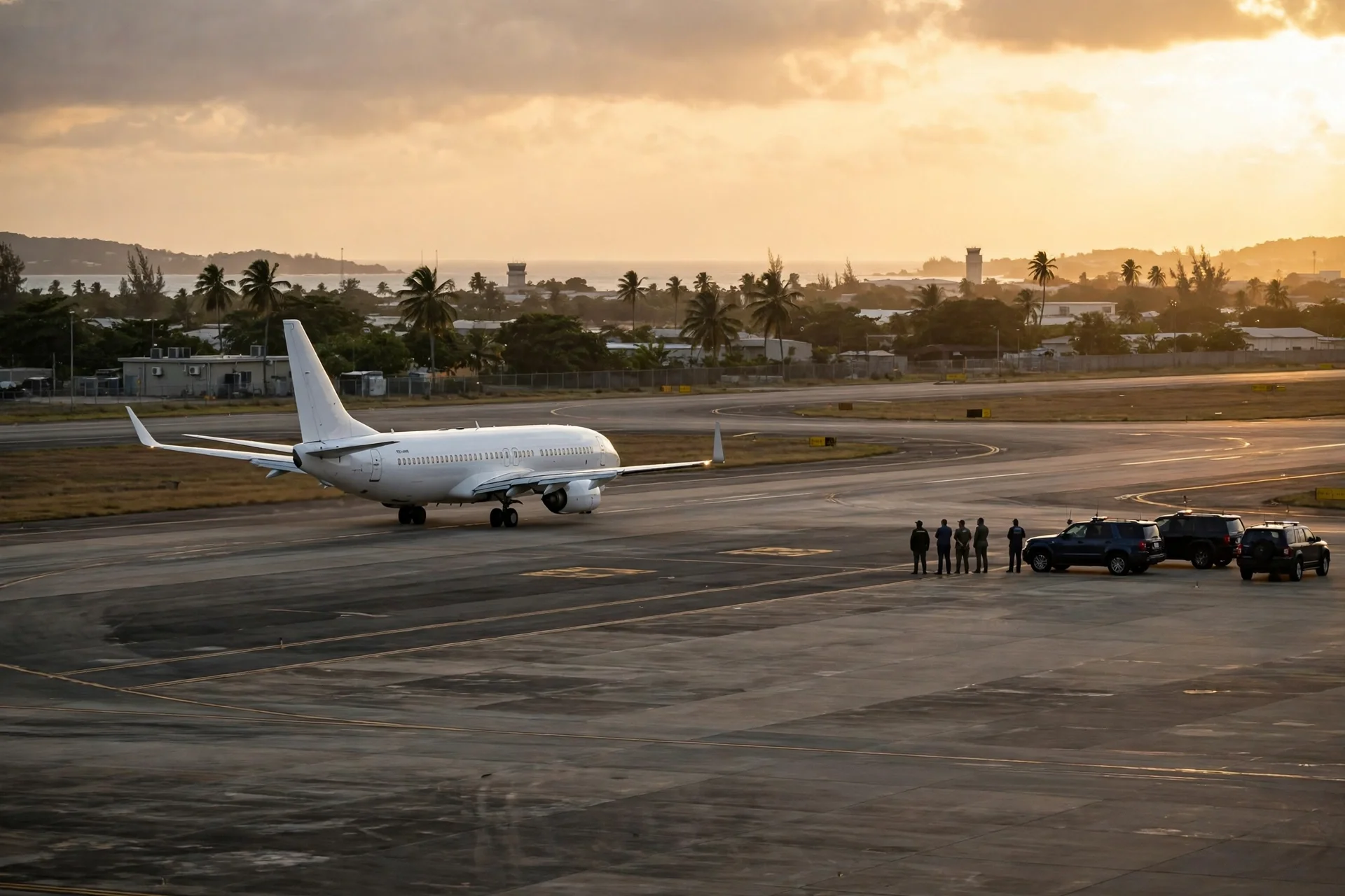 Avión comercial blanco en la pista de un aeropuerto caribeño al atardecer, con autoridades esperando junto a vehículos oficiales a distancia y palmeras al fondo
