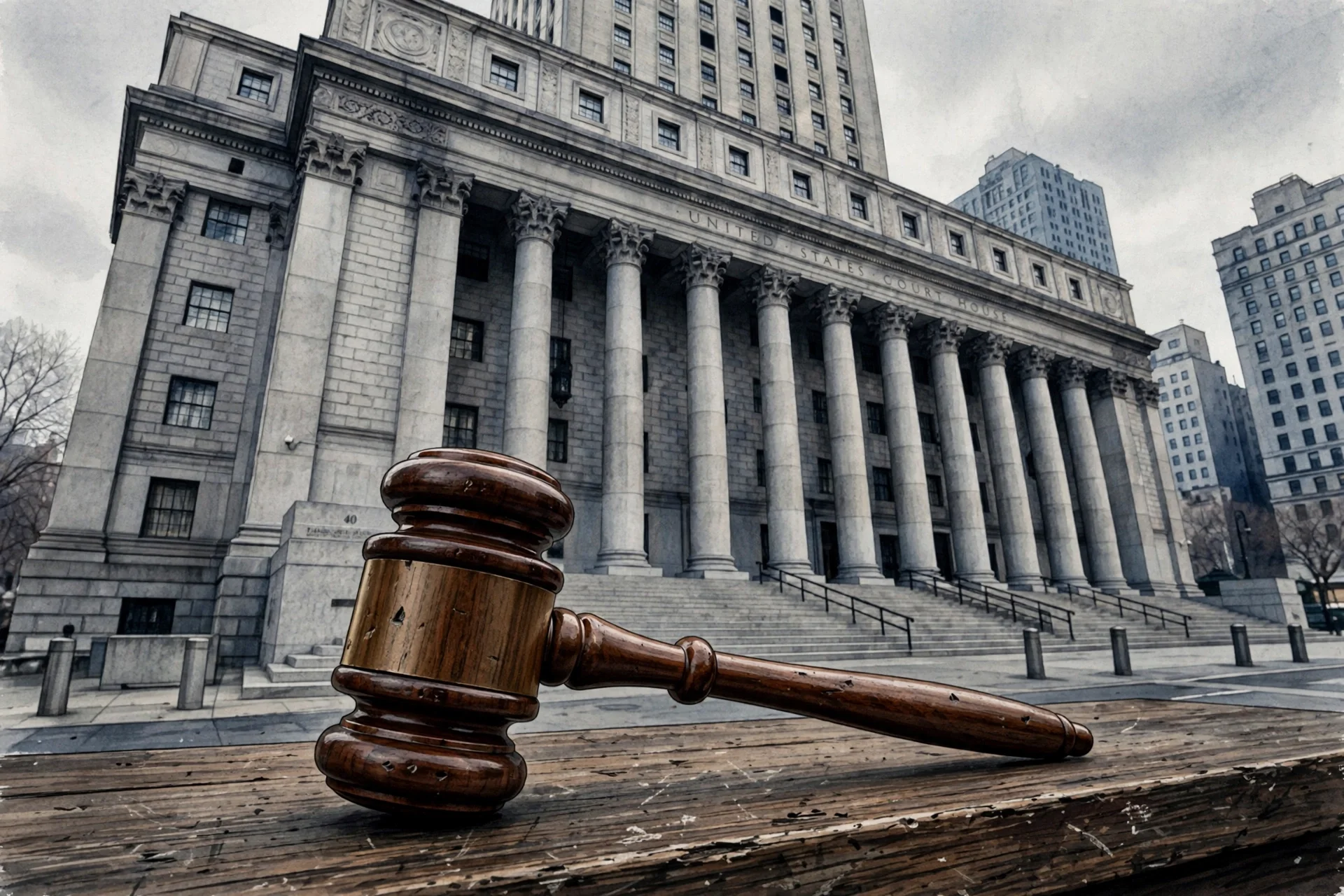 Tribunal federal de Estados Unidos en Nueva York con columnas clásicas y un mazo de juez en primer plano sobre madera