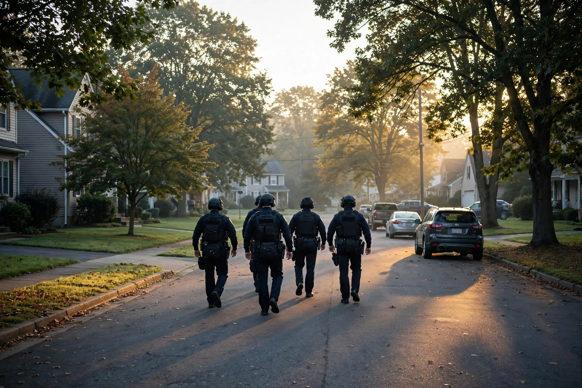 Agentes federales de espaldas caminando por una calle residencial arbolada de Maryland al amanecer, sin rostros visibles