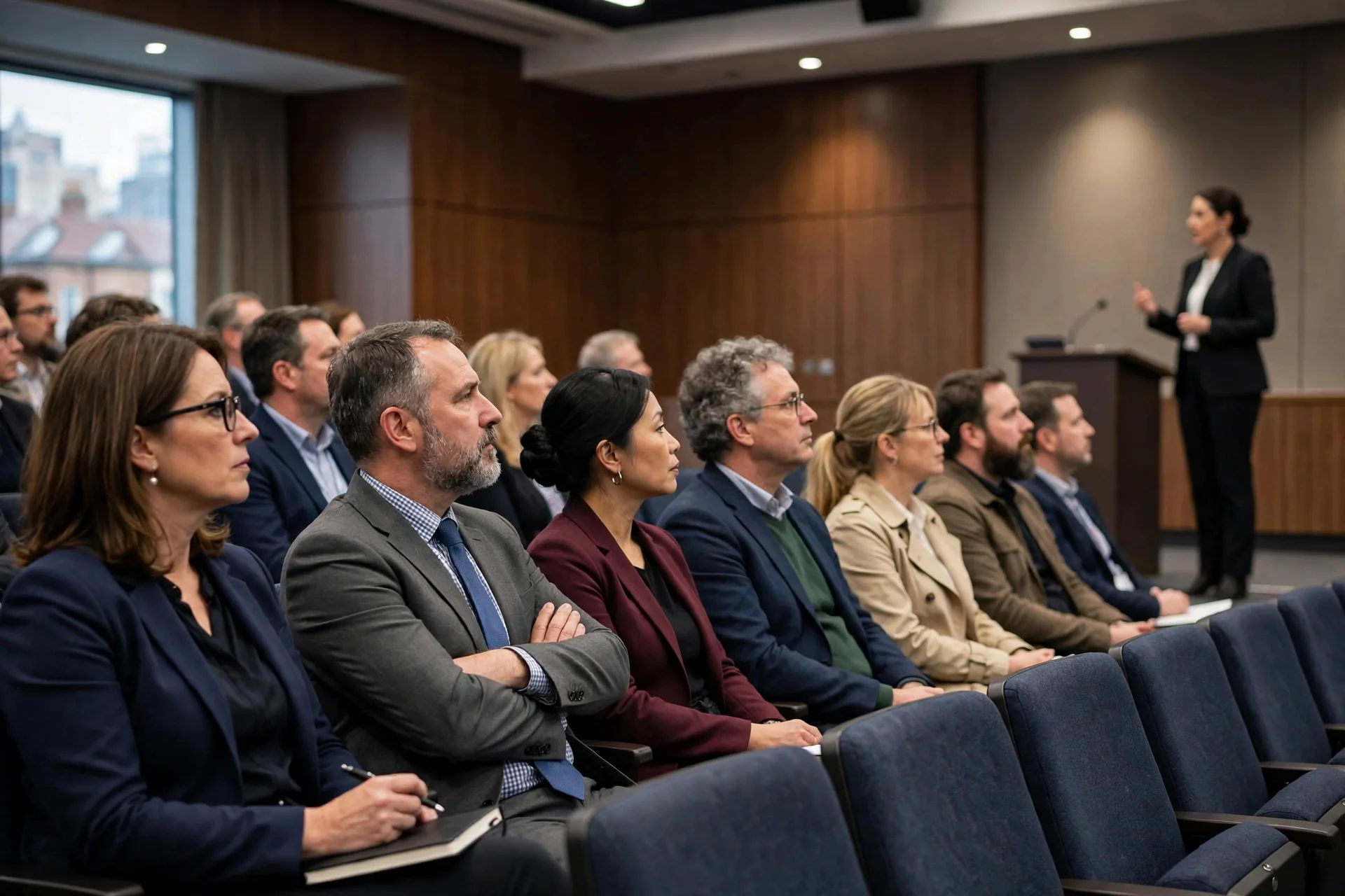 Líderes escolares británicos escuchan una intervención institucional en un auditorio de conferencias en Birmingham