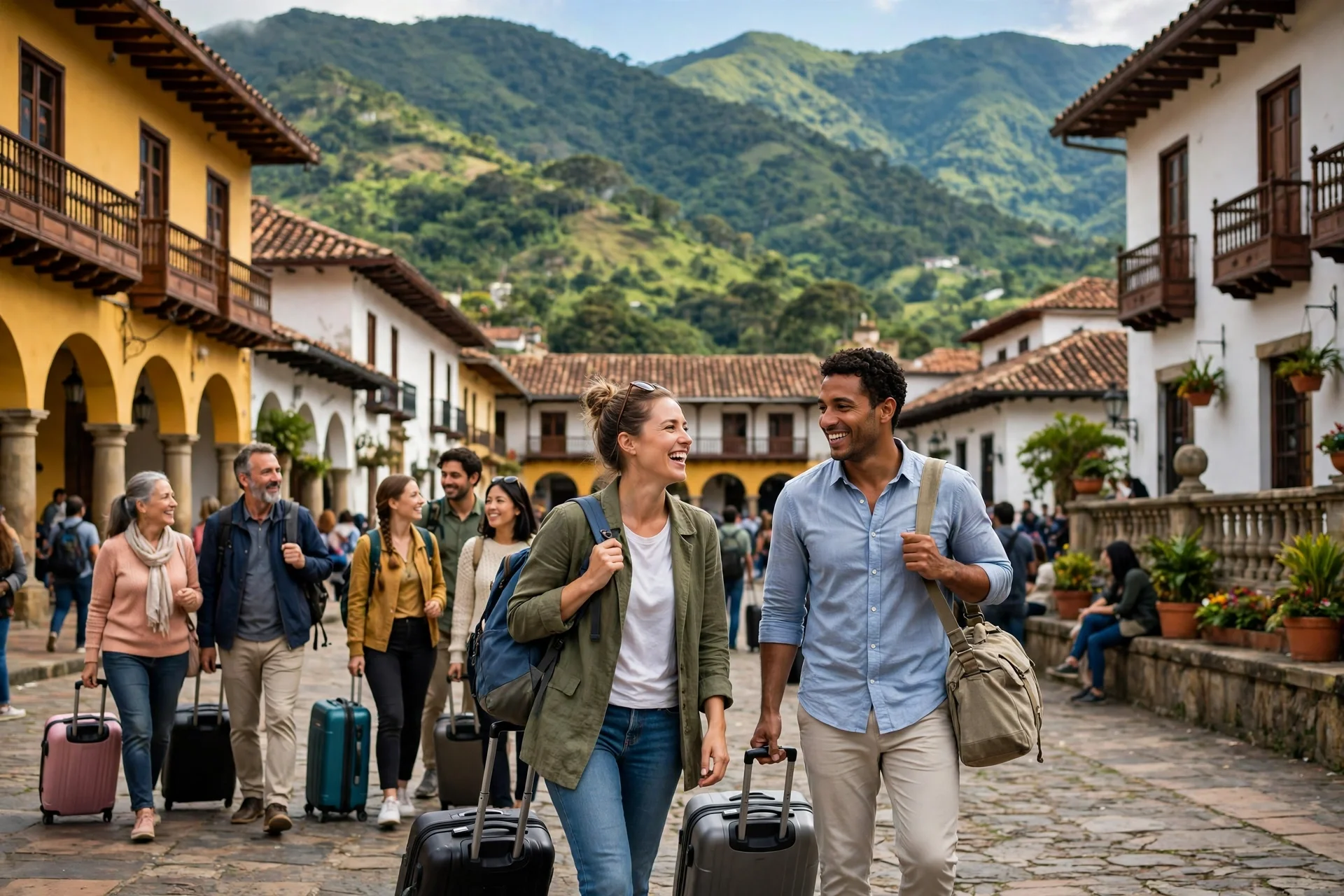 Viajeros internacionales con maletas caminando por una plaza colonial colombiana con montañas verdes al fondo