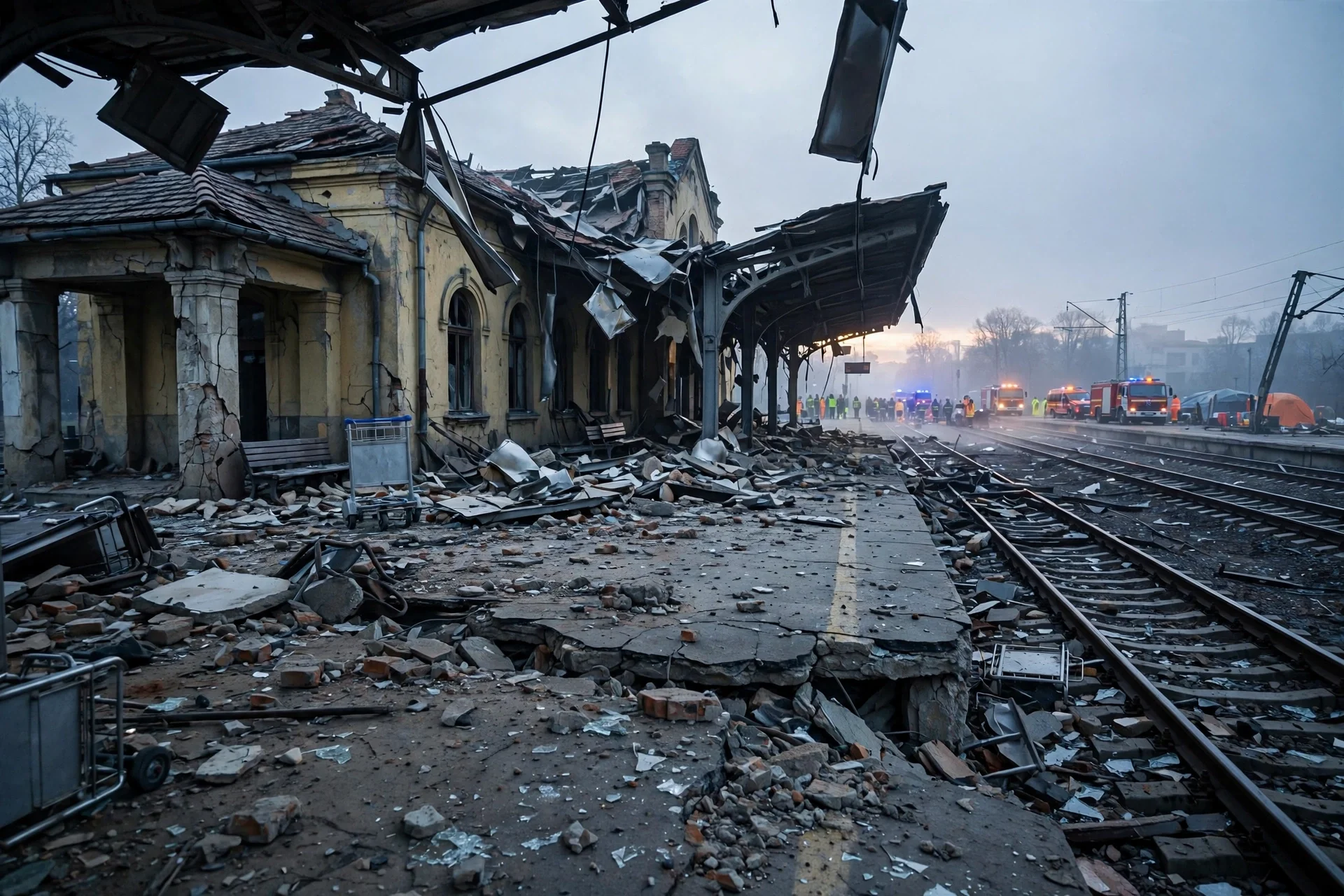 Estación ferroviaria dañada al amanecer, con el andén cubierto de escombros y equipos de rescate a lo lejos