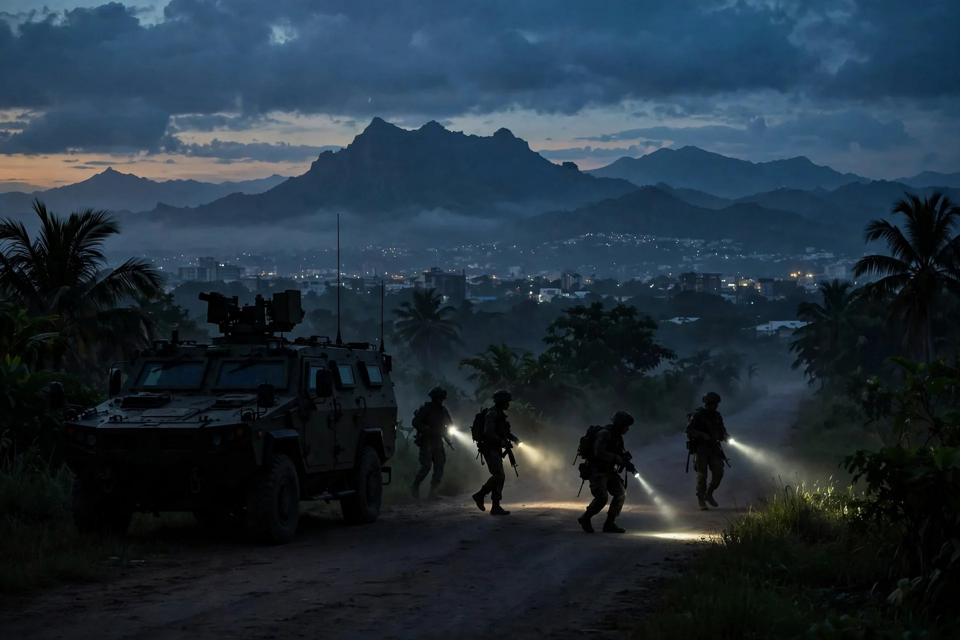 Operativo militar de búsqueda al anochecer en las afueras de una capital caribeña, con un vehículo blindado y soldados con linternas junto a un camino de tierra