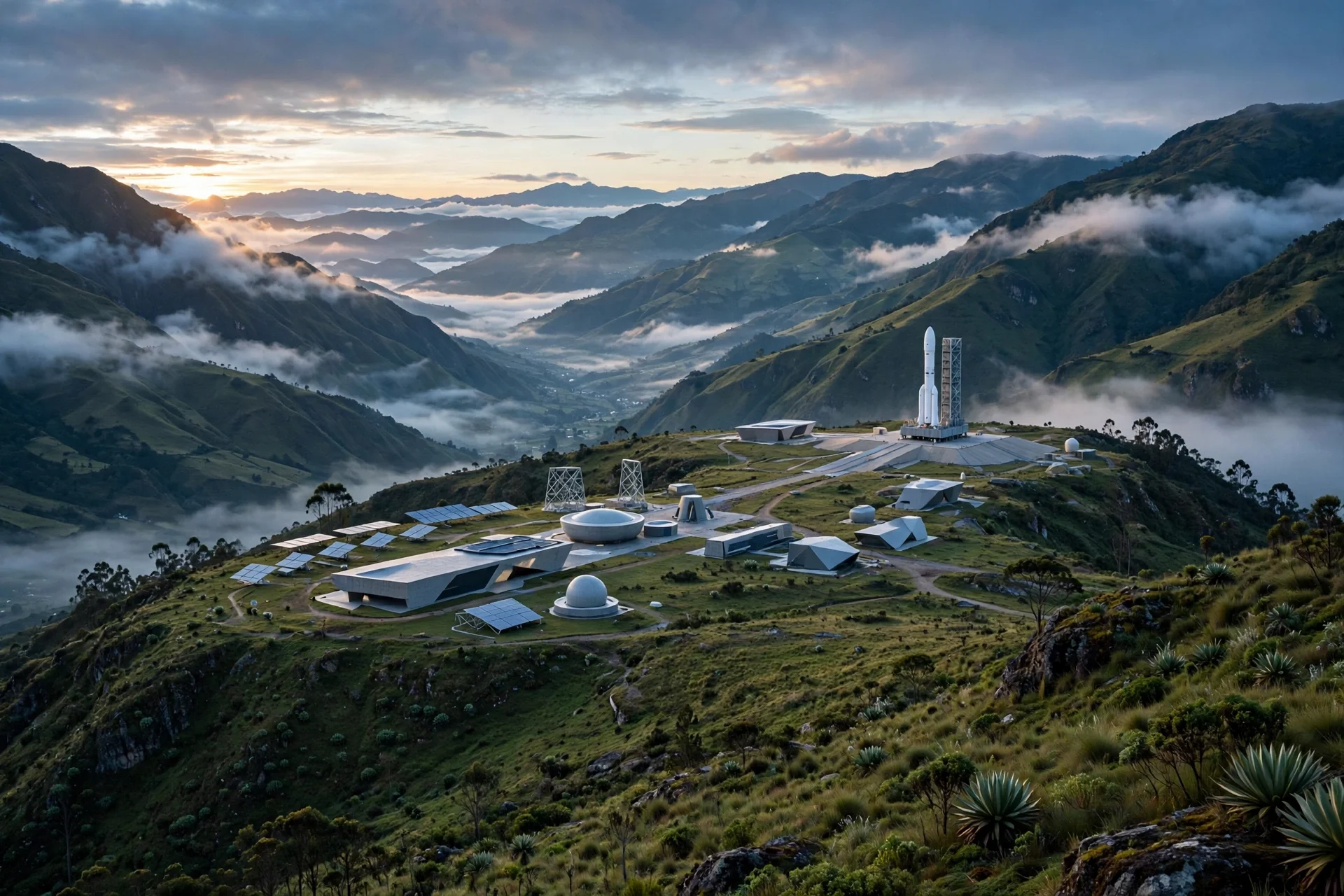 Puerto espacial conceptual entre montañas verdes de Antioquia con un cohete en la plataforma al amanecer