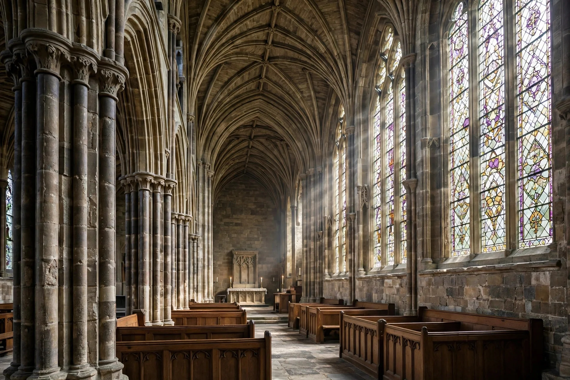 Interior of a historic English cathedral with stone columns and stained glass windows in soft natural light