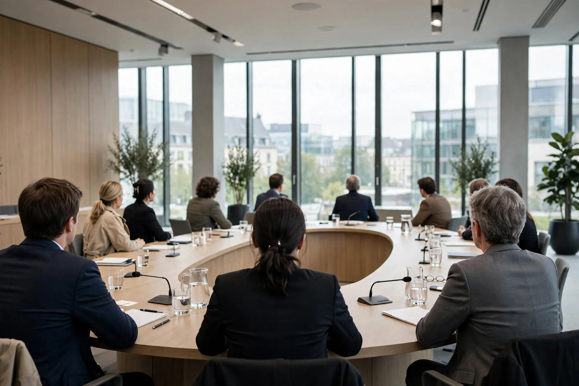 Delegates seated around a large oval table in a bright modern European council meeting room, seen from behind