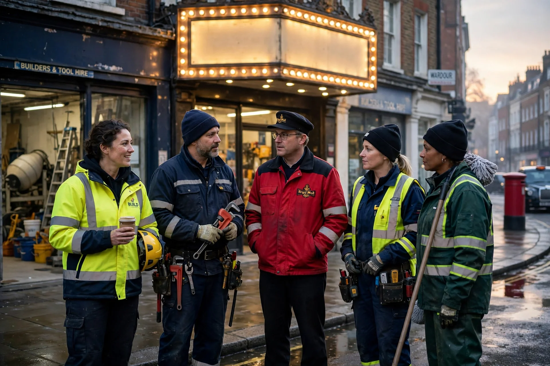 Trabajadores de distintos oficios con ropa reflectante conversando en una calle de Londres al amanecer